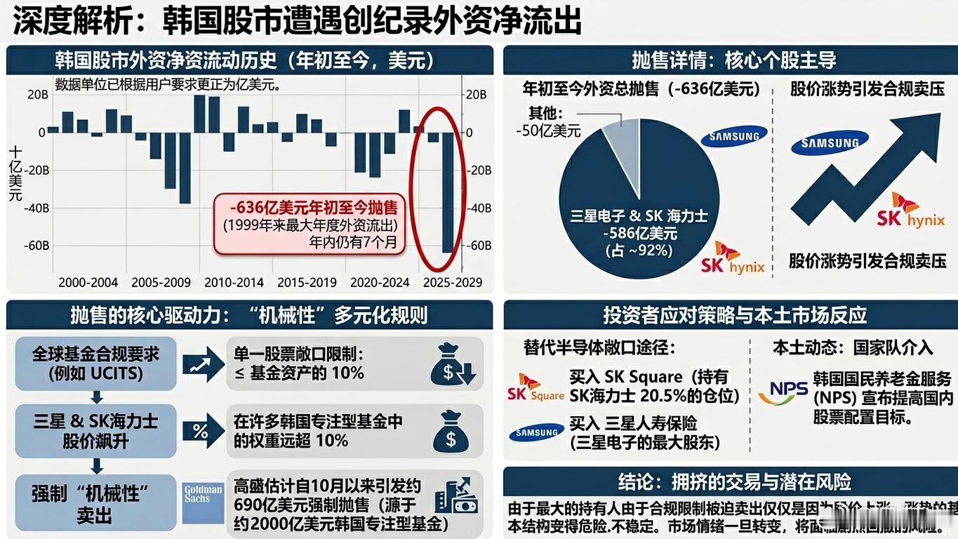 外资创纪录大失血，核心巨头沦为抛售震中。今年以来韩国股市遭遇了1999年以来最惨