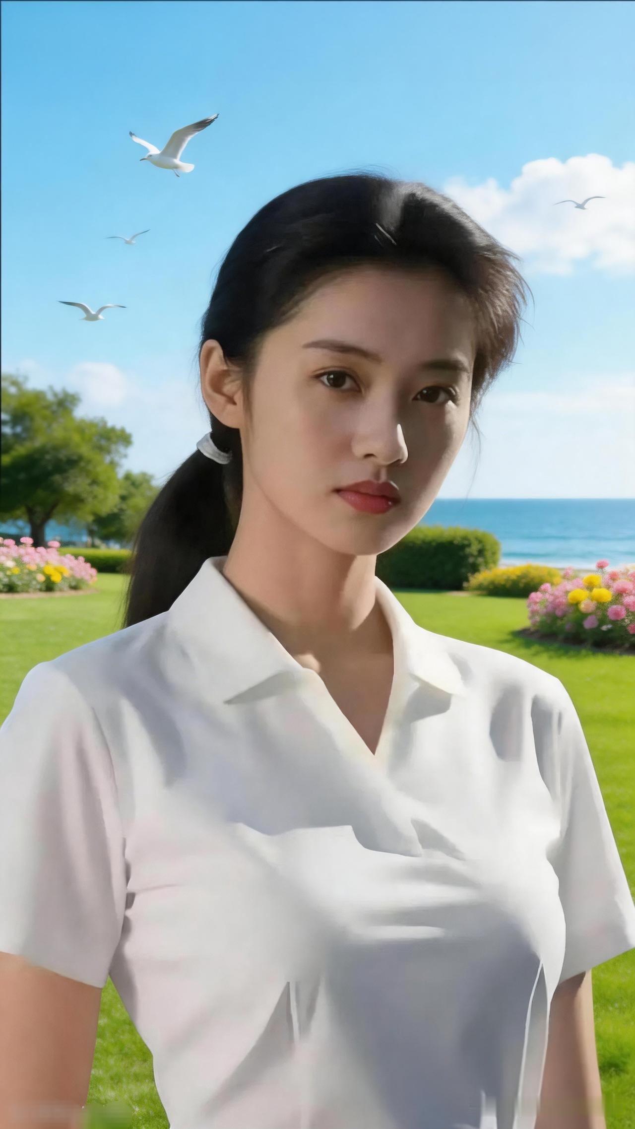 清新夏日穿搭，白色衬衫与自然美景相得益彰！🌞💐