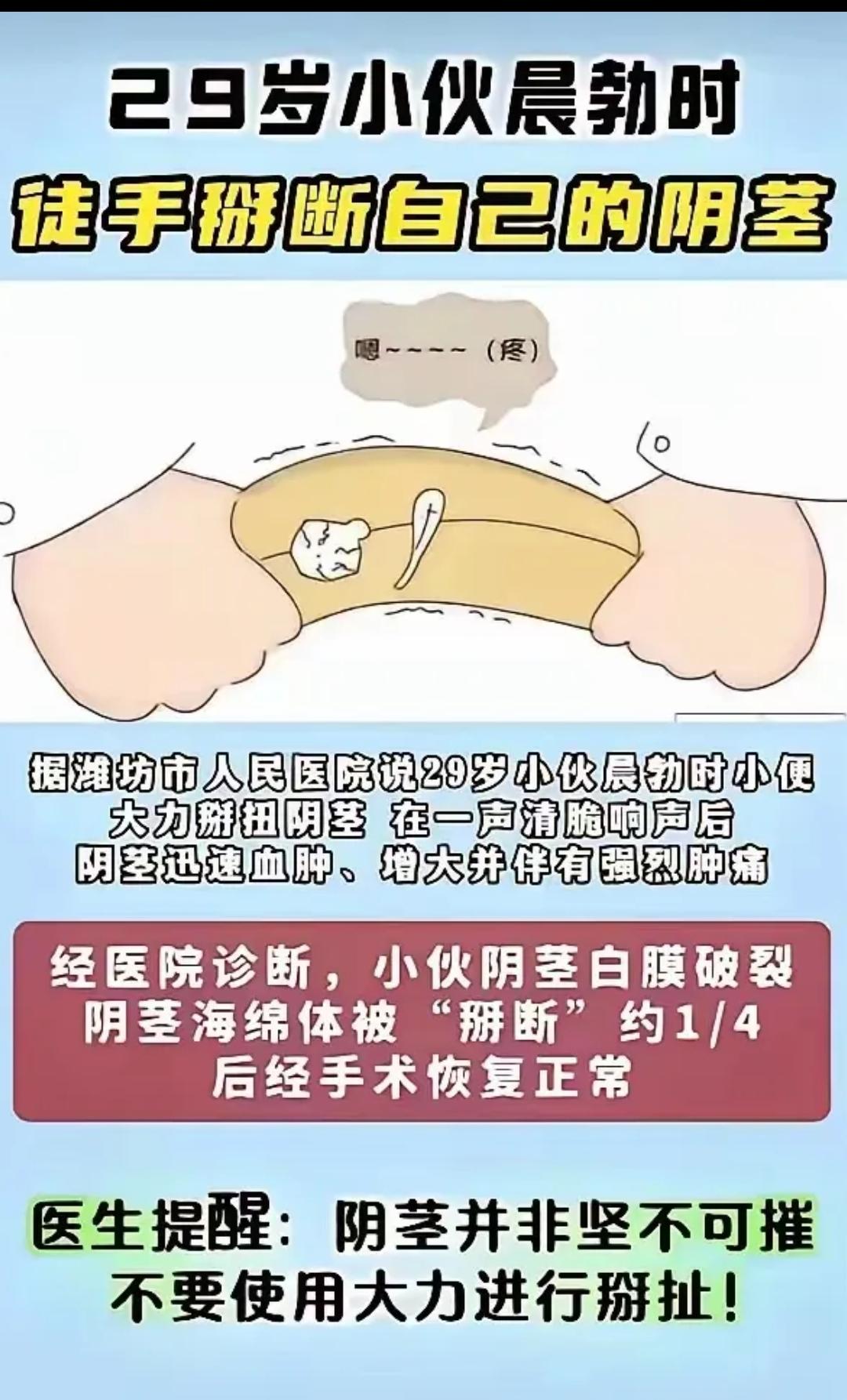 原谅我不厚道的笑了，小伙早上晨勃徒手掰断自己的阴痉，这是要修炼葵花宝典吗？

看
