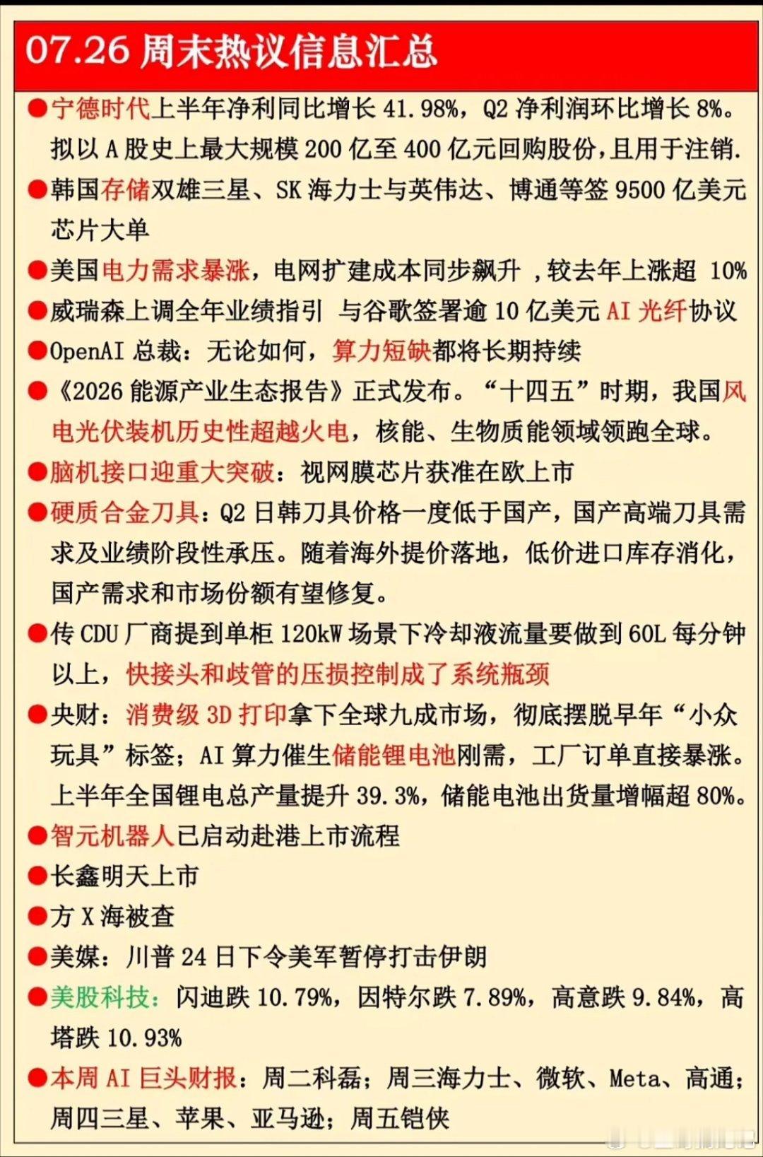 7月26日周末热议信息汇总指南来啦！宁德时代回购、AI算力紧缺，本周科技圈大事件