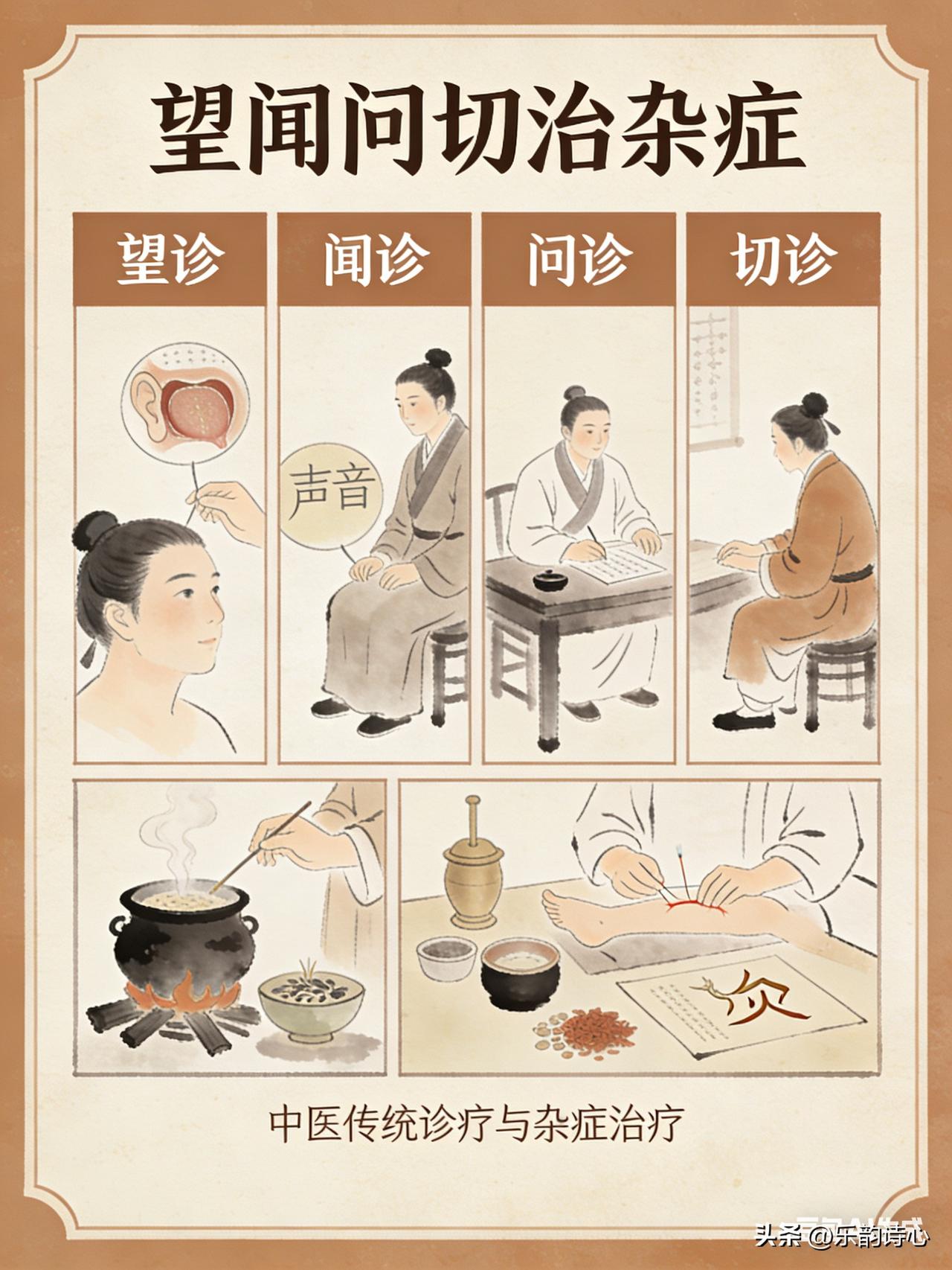 上联：望闻问切治杂症，
下联：书画琴棋养雅情。
这副对联的上联“望闻问切”是中医