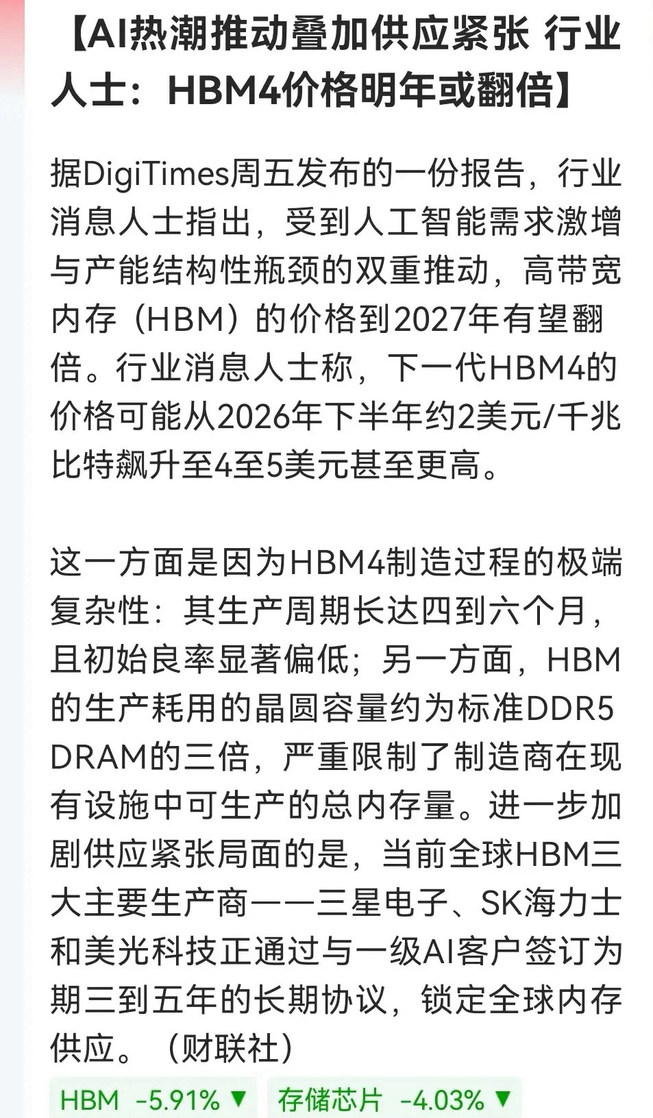下周一准备大涨了！HBM4现在有钱也买不到，价格2027年或要翻倍……据Digi