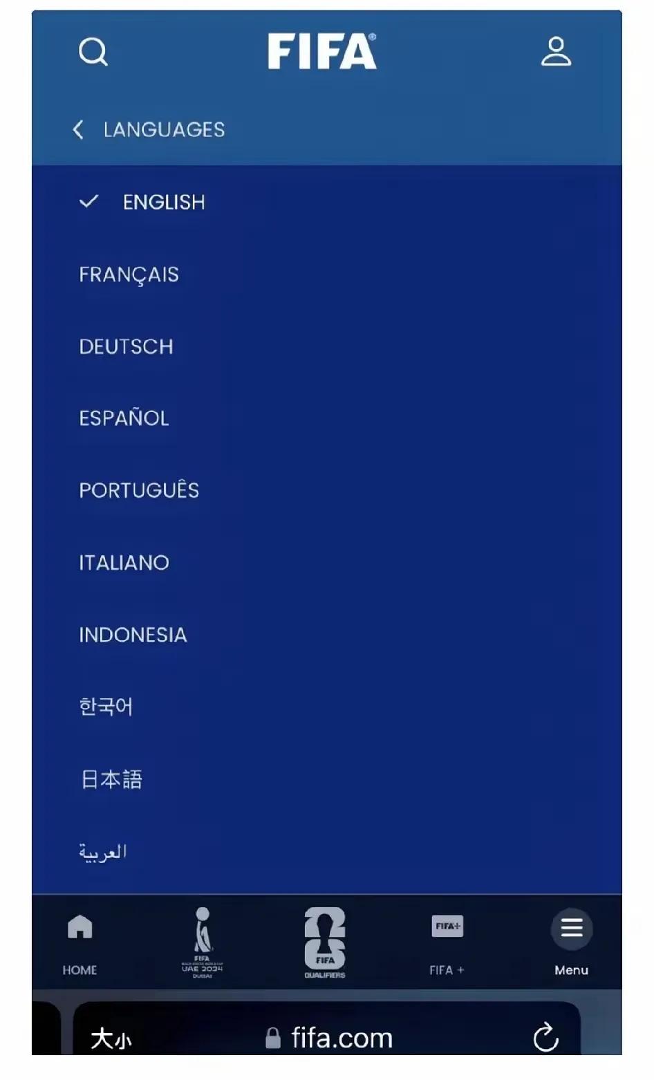 国际足联主站居然没有中文服务，国际足联主站提供约19种语言：英、法、德、西、葡、