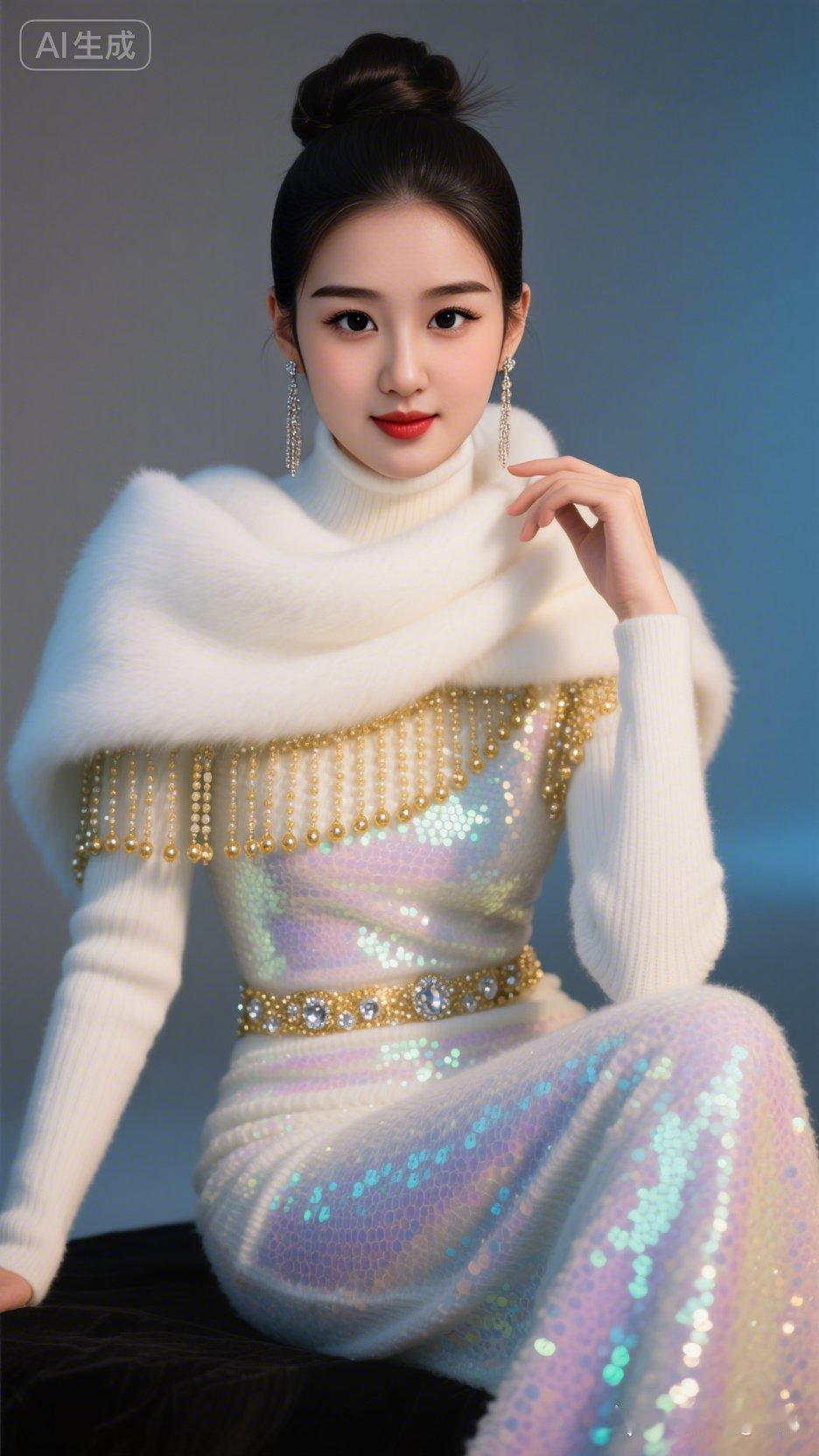 正面高清坐姿照，高盘发配长款耳坠，气质高贵典雅又秀丽。身着白色高领加厚紧身亮片毛