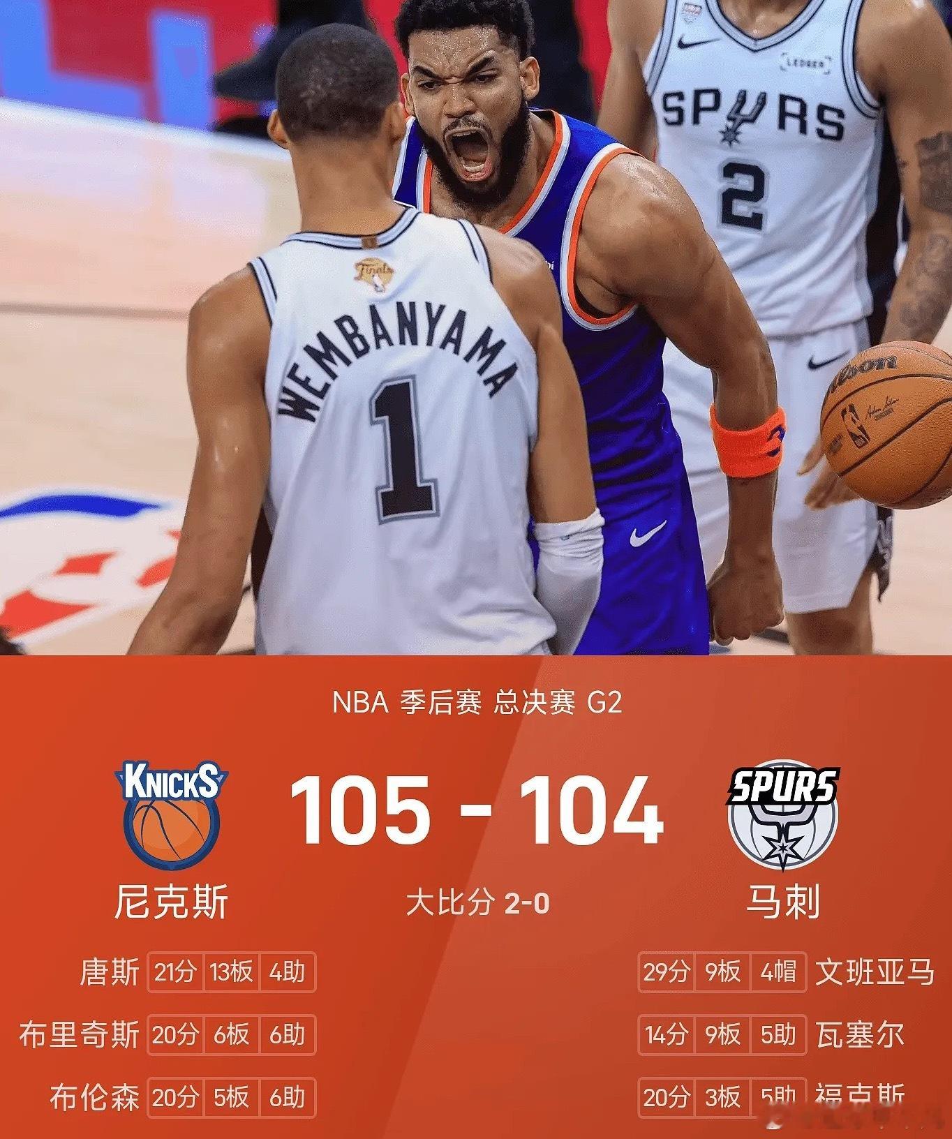 【背水一战，但前景不再乐观】2026年NBA总决赛G2，尼克斯客场105-104