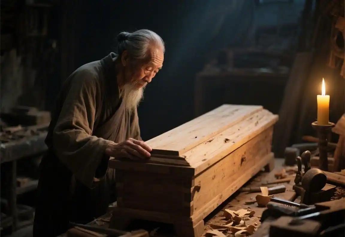 北田镇有个专做棺材的老木匠，人称老秦。他的手艺极好，做出的棺材板板正正，活人看了