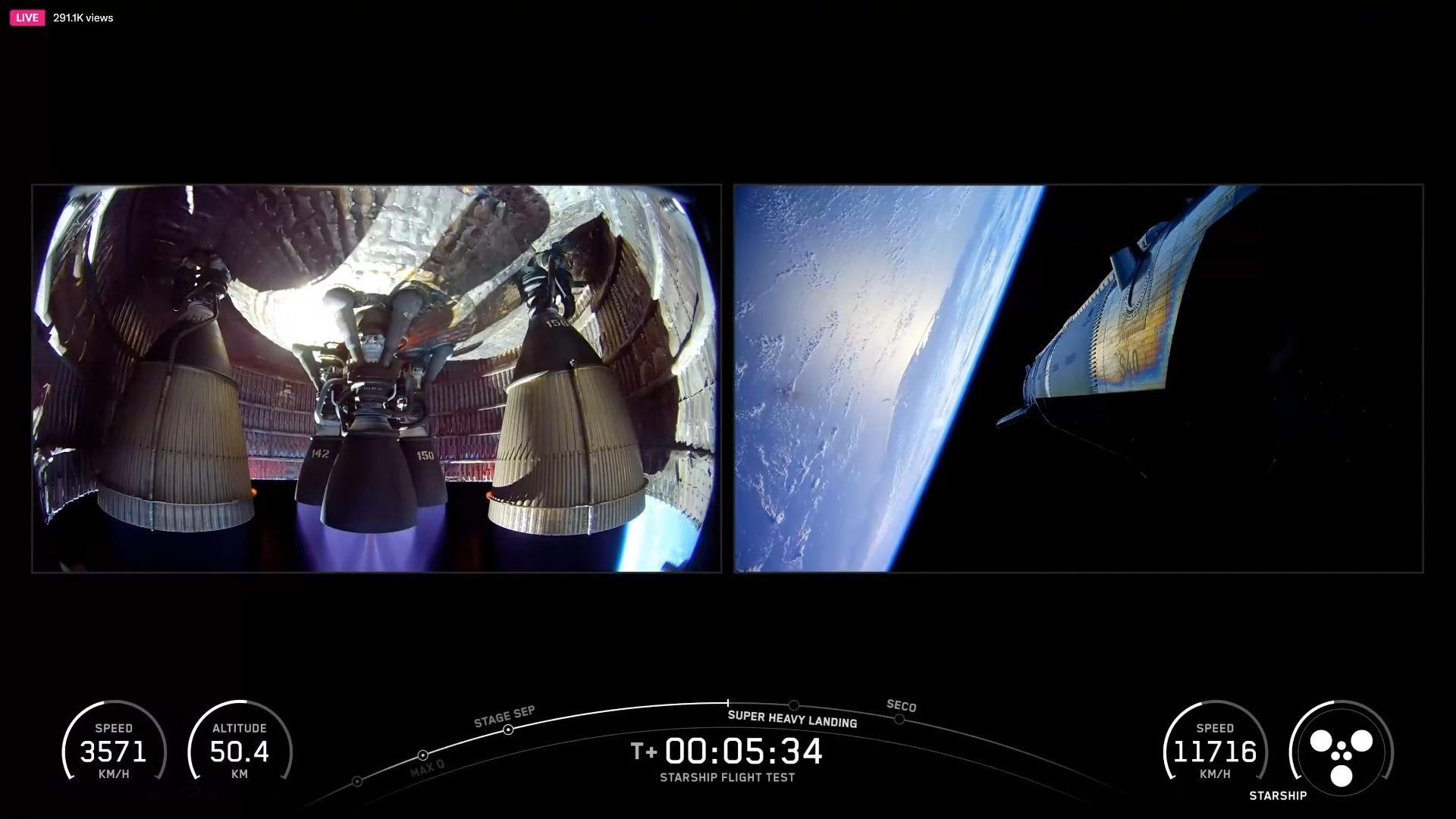 星舰13飞：一级B20和二级S40尾舱箭遥画面，这视角是针不戳 
