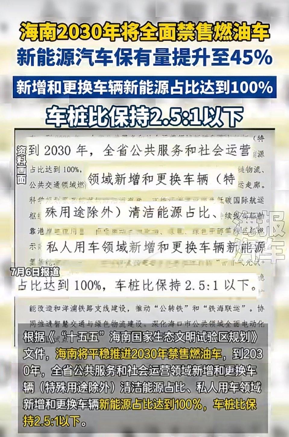 海南要成中国首个禁售燃油车的省份啦！根据《“十五五”海南国家生态文明试验区规划》