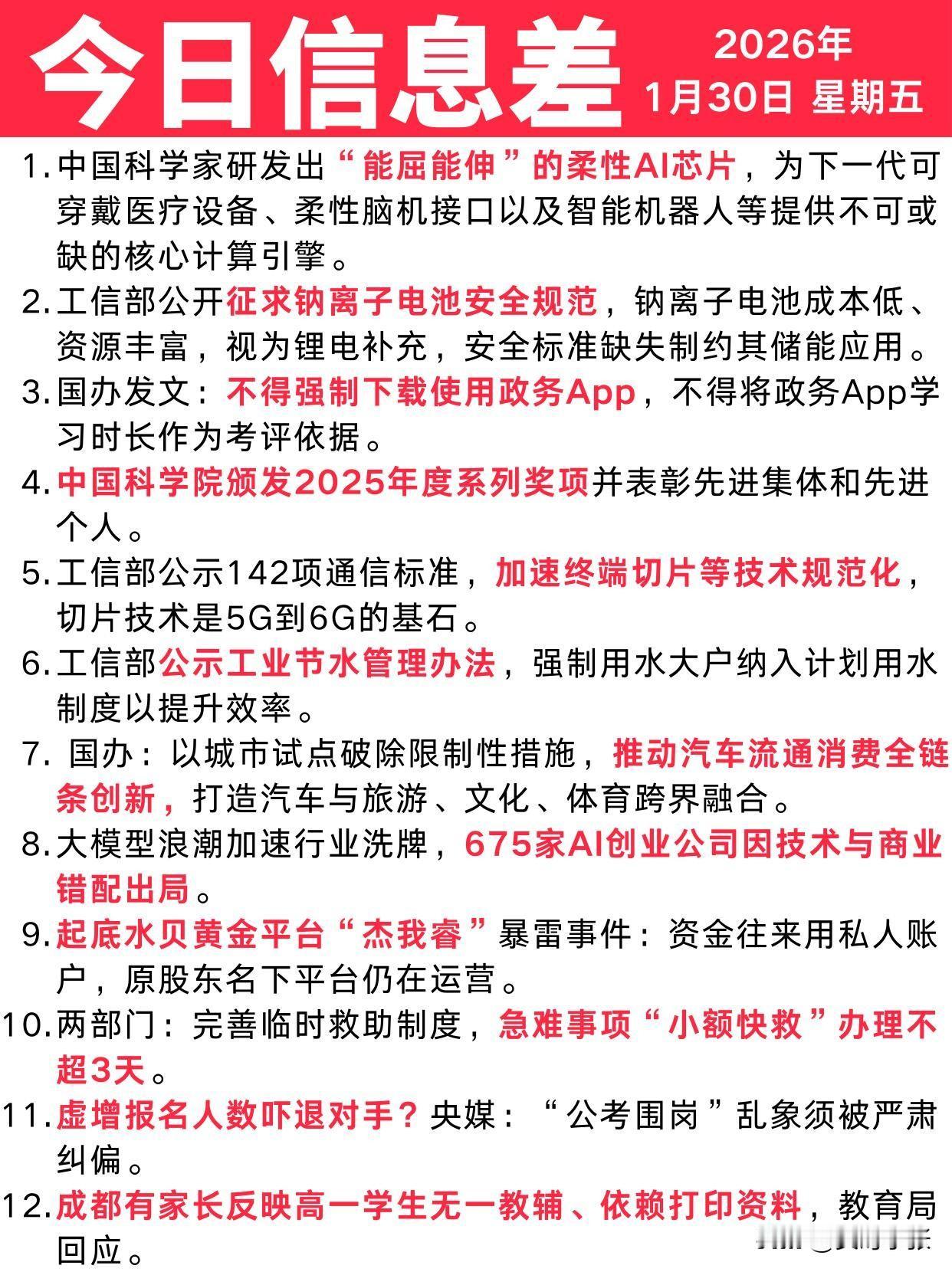 2026年1月30日信息差速览：柔性AI芯片、钠离子电池安全规范、5G到6G切片