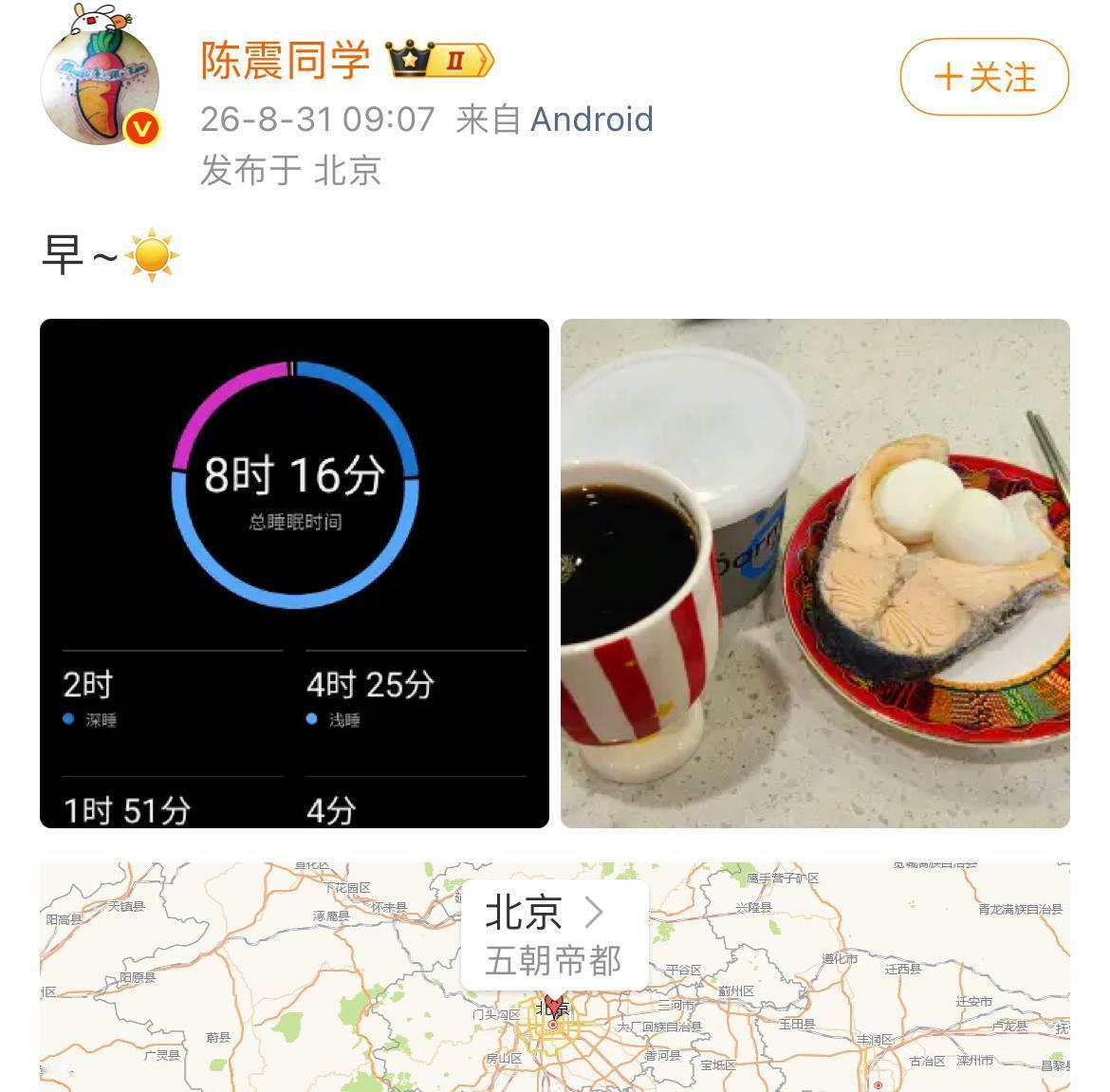 陈震的早饭都是我遥不可及的梦，那么大一块三文鱼，反正我是没吃过，配上鸡蛋酸奶和美