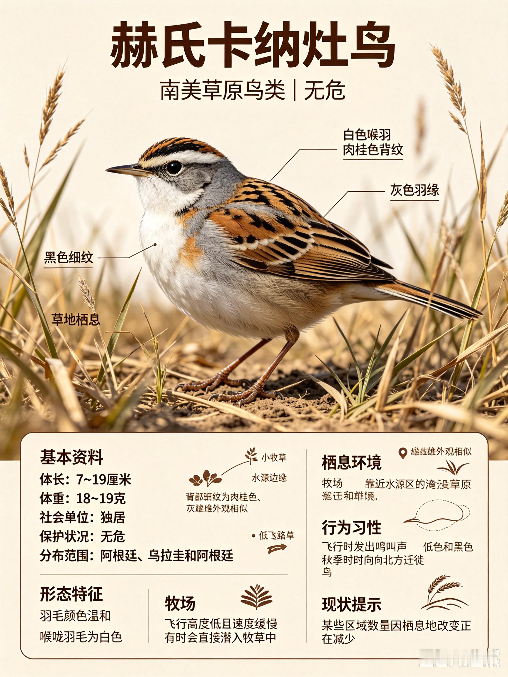 鸟类朋友图鉴 赫氏卡纳灶鸟体长：7~19 厘米体重：18~19 克社会单位：独居