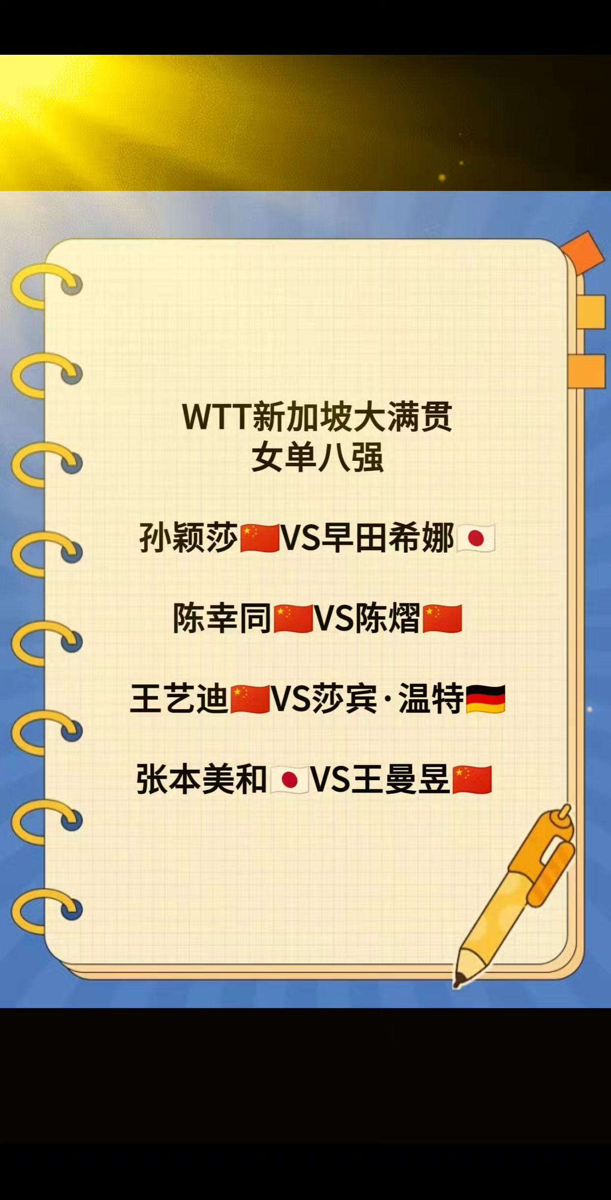 WTT新加坡大满贯丨女单八强
孙颖莎🇨🇳VS早田希娜🇯🇵
陈幸同🇨🇳