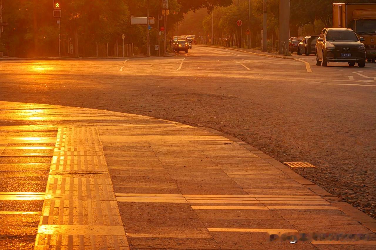 夕阳下的城市街道，真的有种说不出的宁静与美丽。我之前傍晚散步时就邂逅过这样的场景
