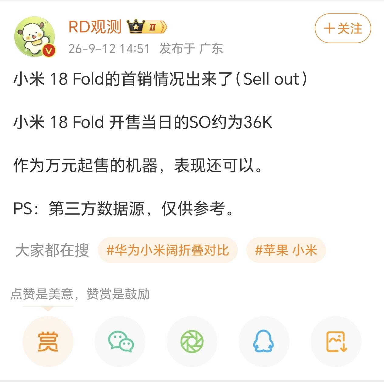 小米18Flod首销日激活量36K，这成绩对于小米来说算是很不错的成绩了，毕竟这