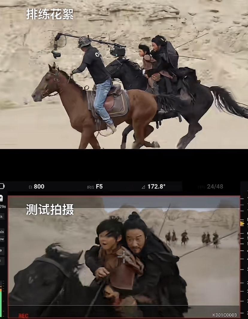 吴京在认真演戏，
看《镖人》的拍摄花絮，
吴京可是真骑马，
马还在奔跑，
吴京前