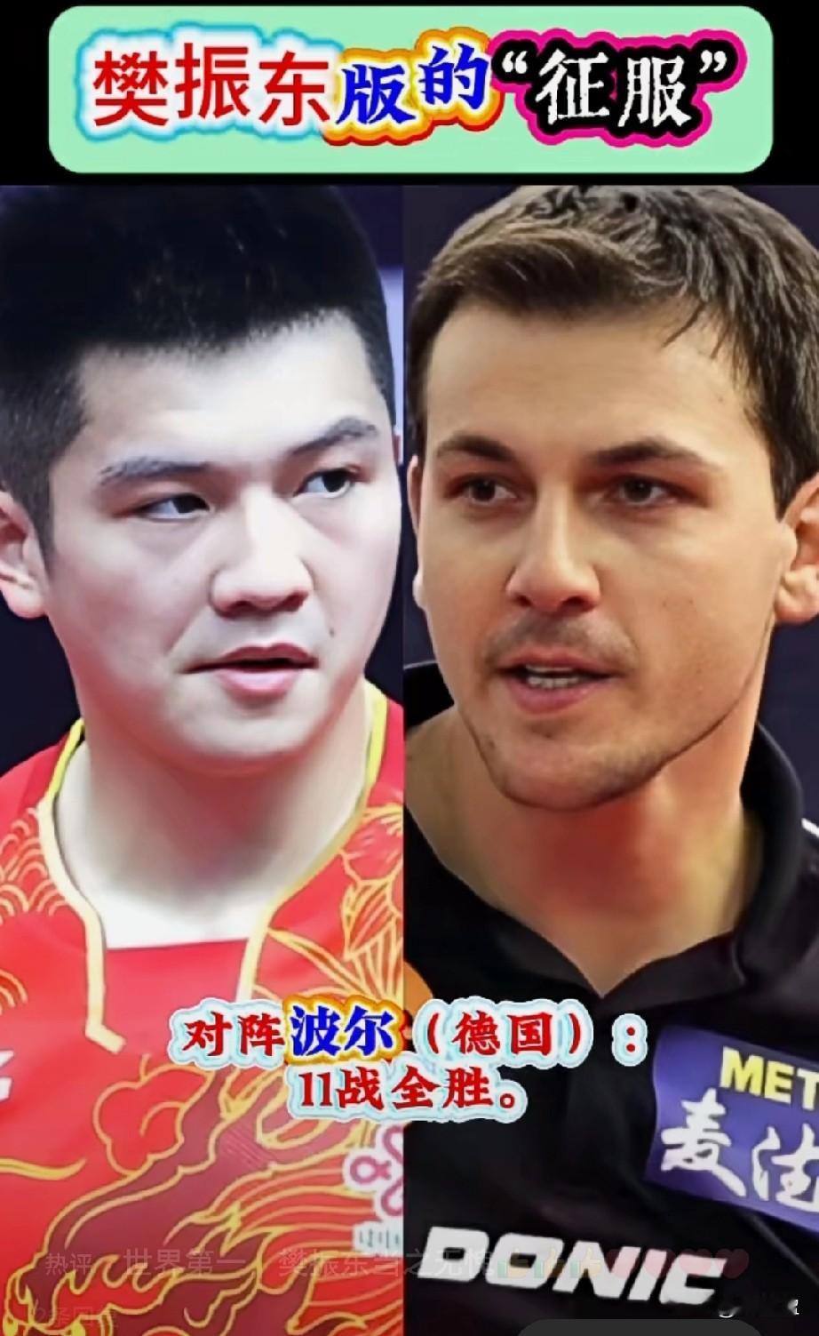 王振东版的“征服”
樊振东骄人战绩对阵波尔：11战全胜对阵莫雷加德：5战全胜对阵
