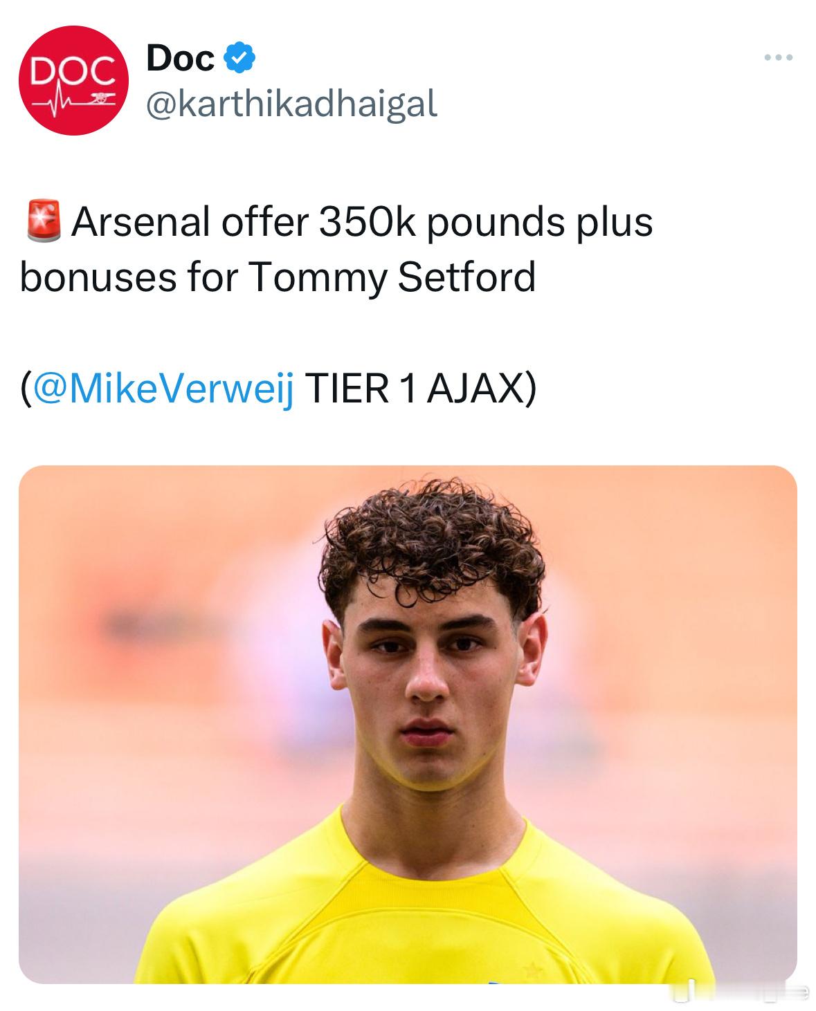 阿森纳给18岁英格兰门将Tommy Setford开出的报价是35万英镑+浮动 
