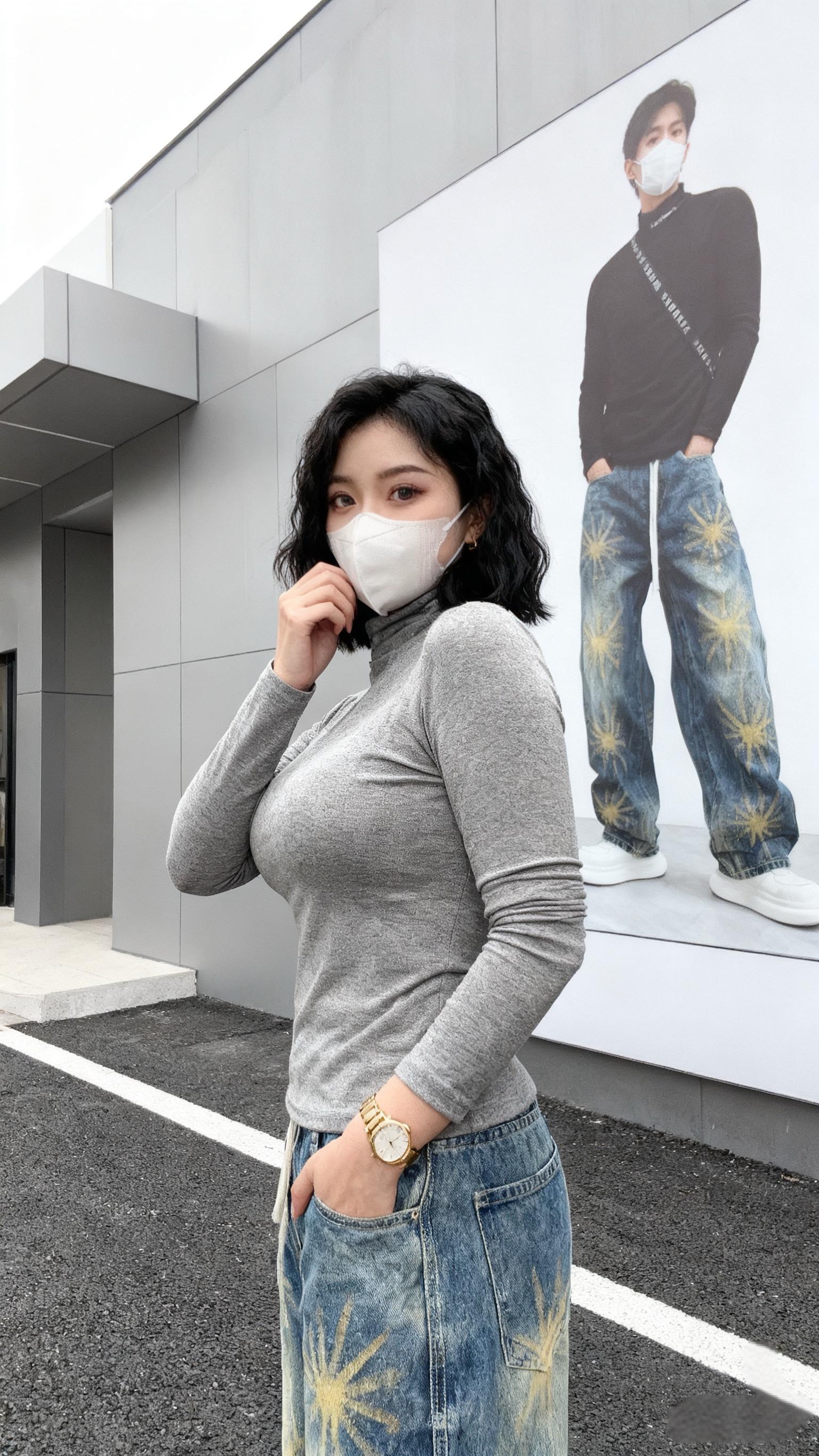 冬季新款设计感水洗牛仔裤个性手绘直筒裤潮流宽松松紧嘻哈风长裤