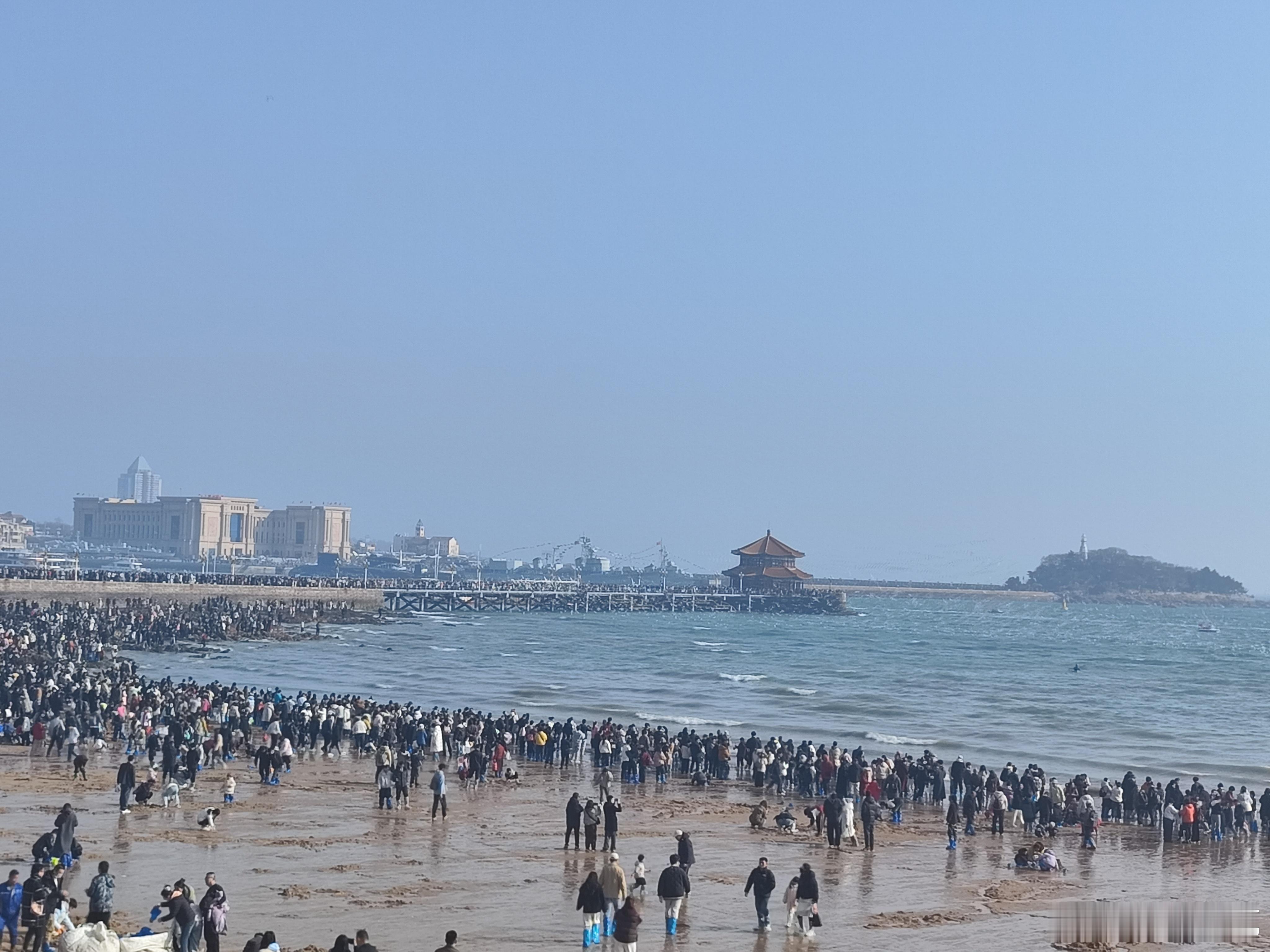 栈桥景区人从众大年初四，暖风熏得游人醉。栈桥景区来自四面八方的游客与翩翩起舞的海