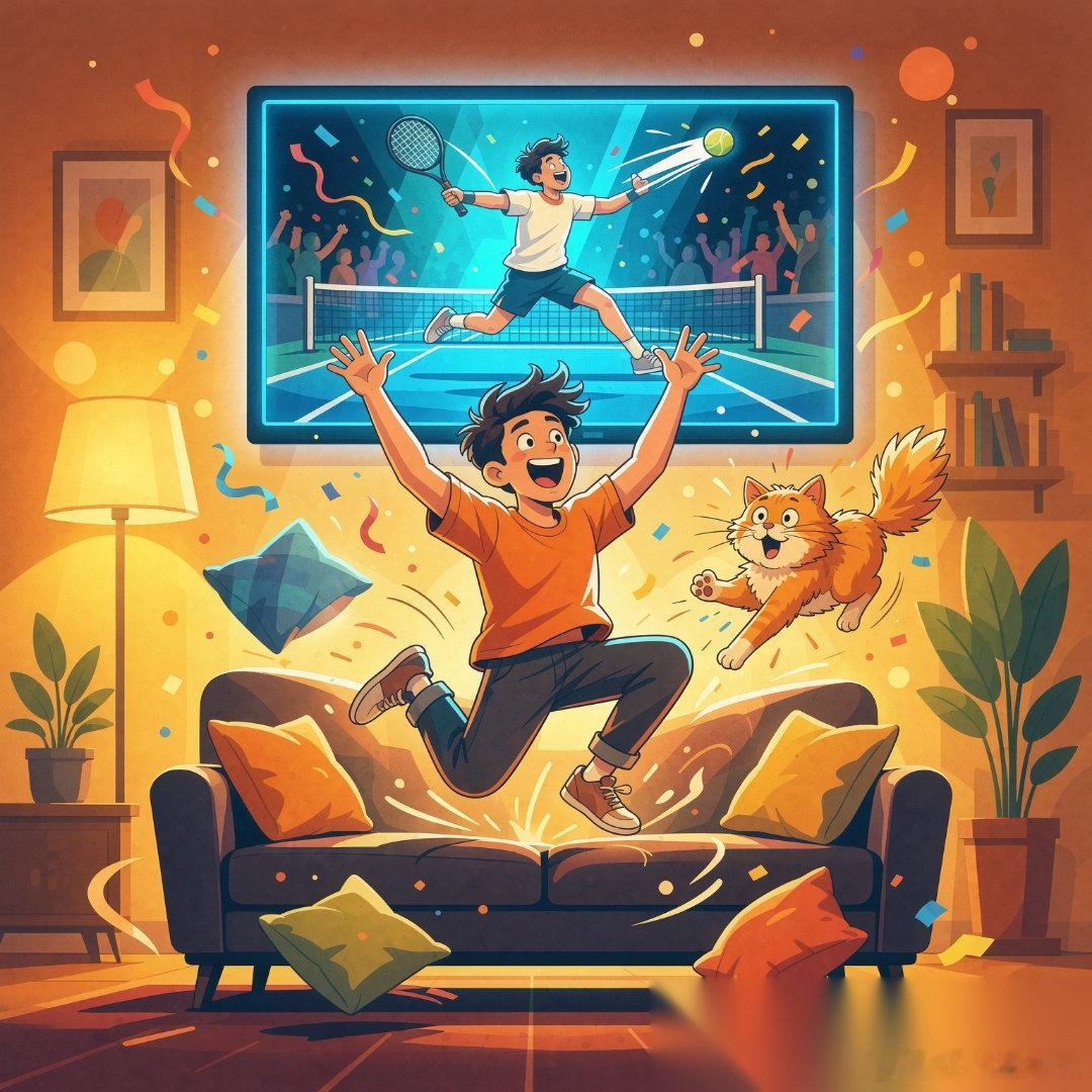 德约在中网夺冠那会儿，我正蹲在沙发上刷直播，最后一球落地，直接蹦起来把猫吓飞了。
