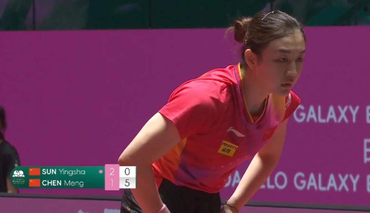 陈梦11-1孙颖莎。
澳门世界杯半决赛，第四局，陈梦打出了一个11-1的比分，这