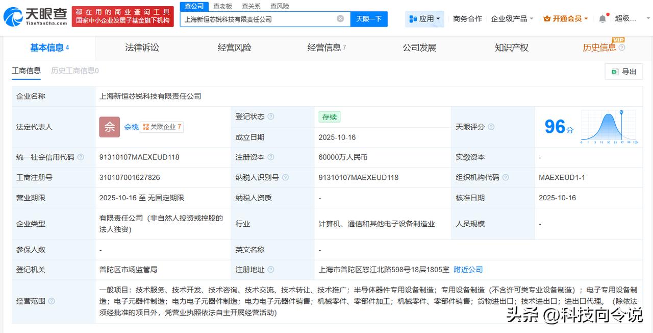 【大恒科技在上海成立新恒芯锐科技公司 注册资本6亿】
天眼查工商信息显示，近日，