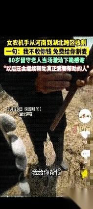湖北枣阳，一台绿色的联合收割机刚停稳，一个80岁的老人就从人群里挤了过来，手捏着