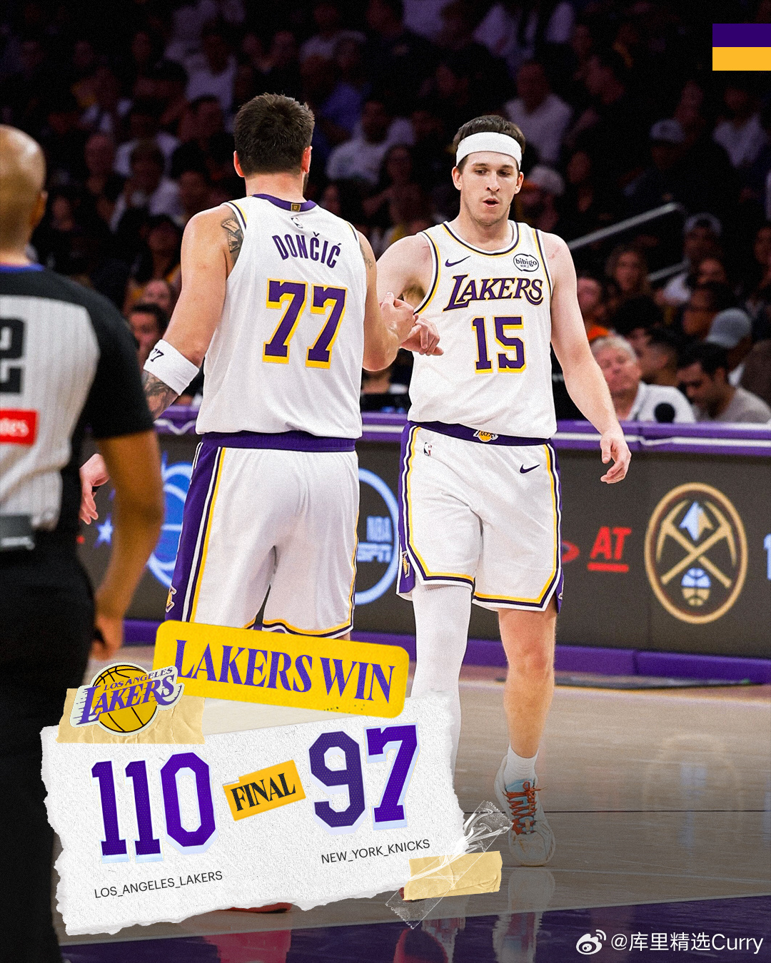 詹姆斯继续缺席，东契奇里夫斯合砍60分，湖人以110:97击退尼克斯。詹姆斯缺阵