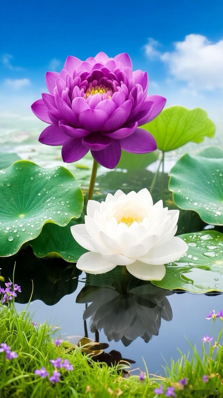 紫白相映，荷其美好，静心，养眼，悦己，永远，不争不抢，自有芬芳，不急不躁，静待时