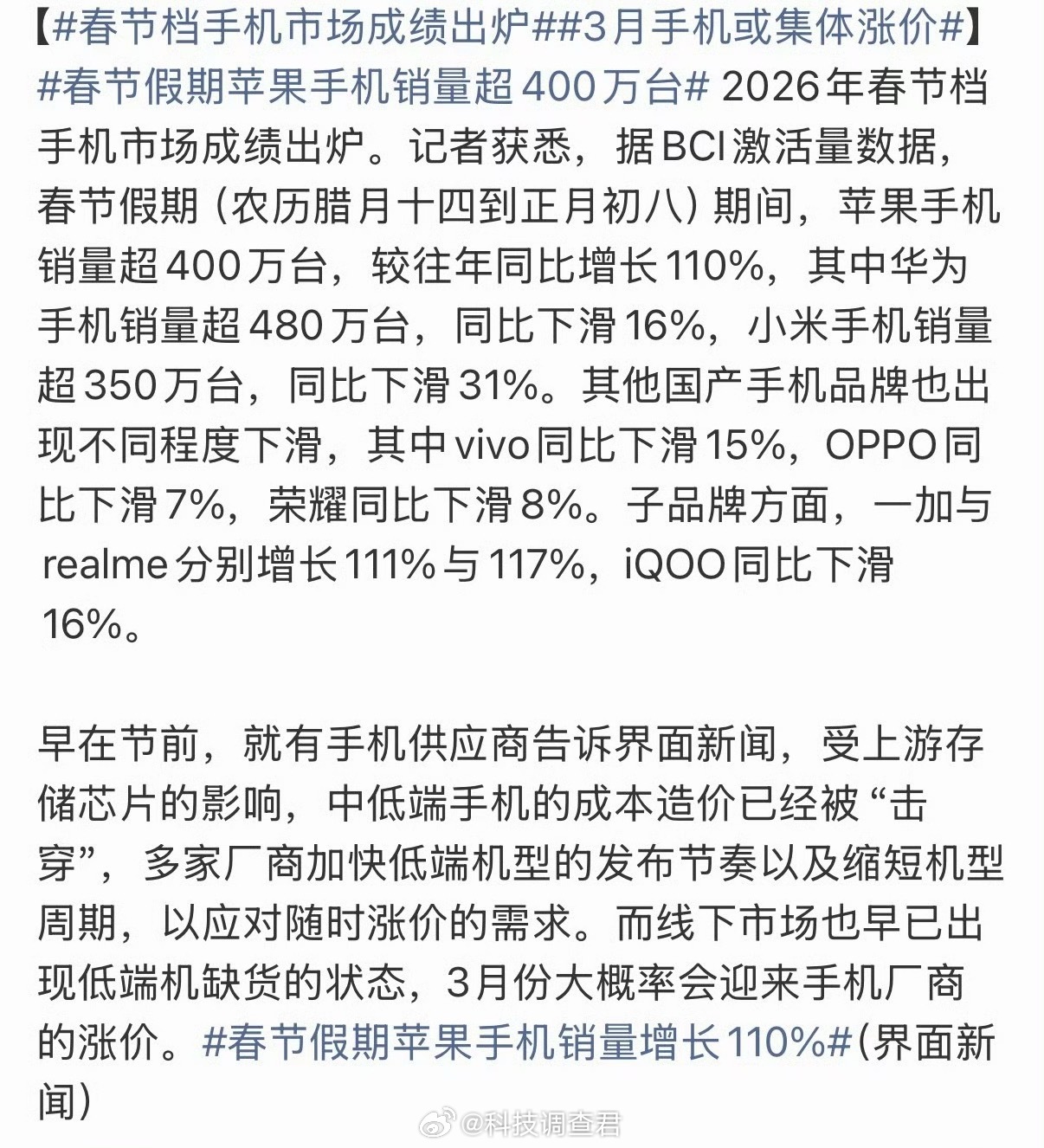 春节档手机市场成绩出炉苹果手机买的是真好，我过年回家发现表弟表妹都是用的iPho