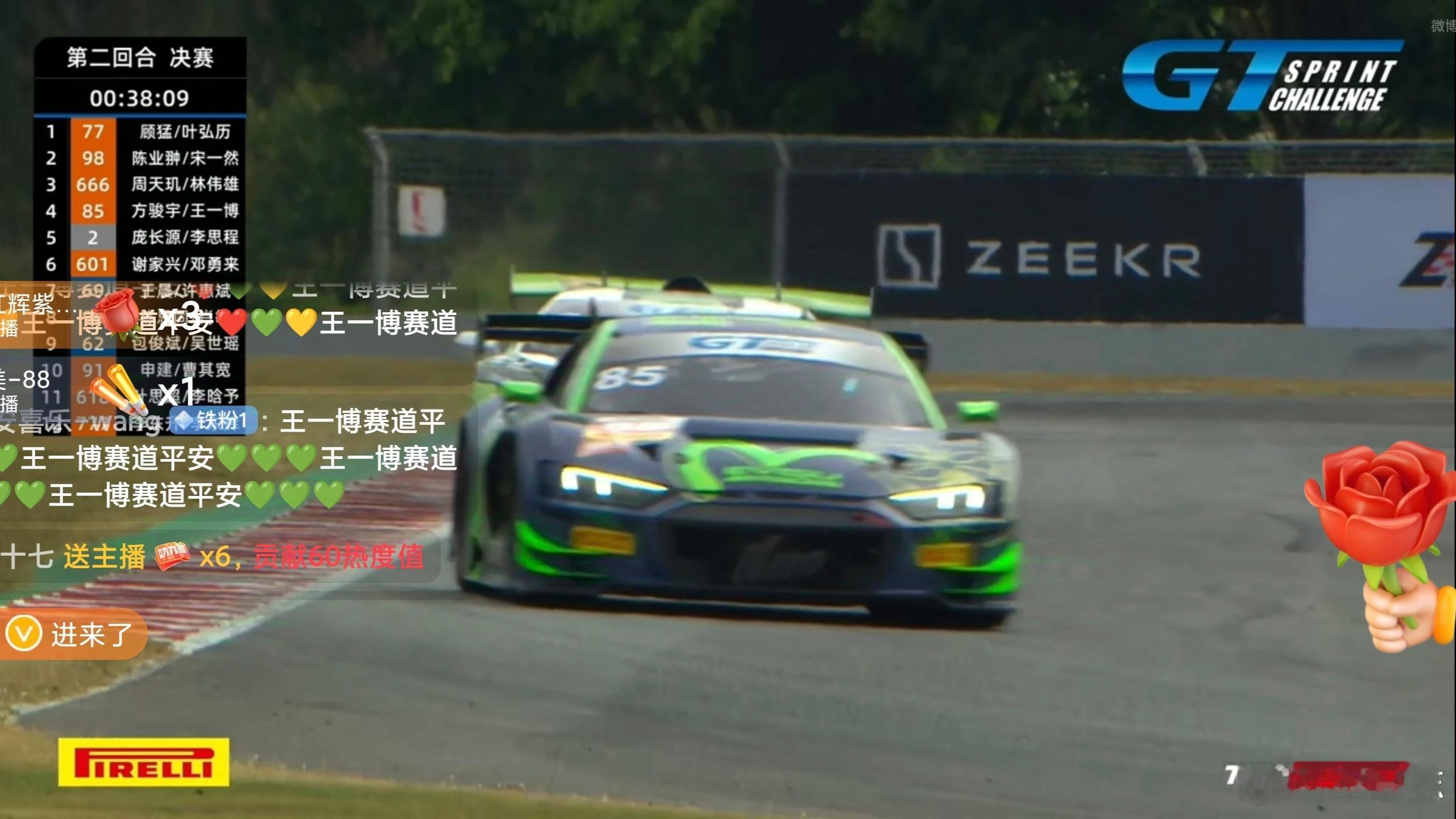 #王一博正赛第二回合# 距离比赛结束还有38分钟，目前王一博和队友驾驶的85号赛