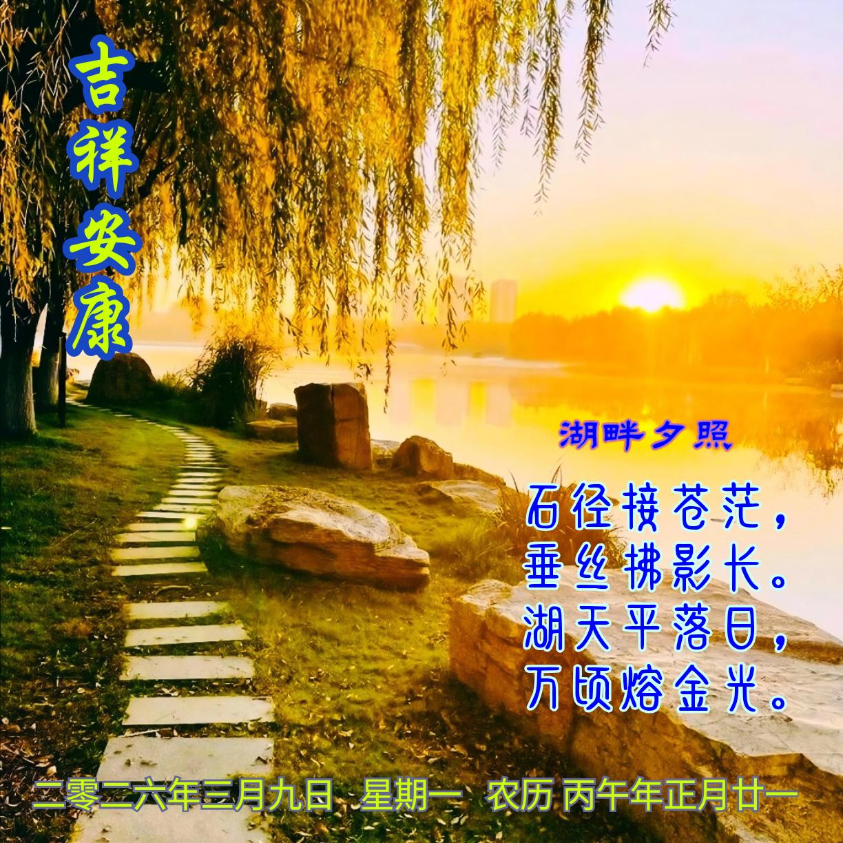 《湖畔夕照》
石径接苍茫，
垂丝拂影长。
湖天平落日，
万顷熔金光。