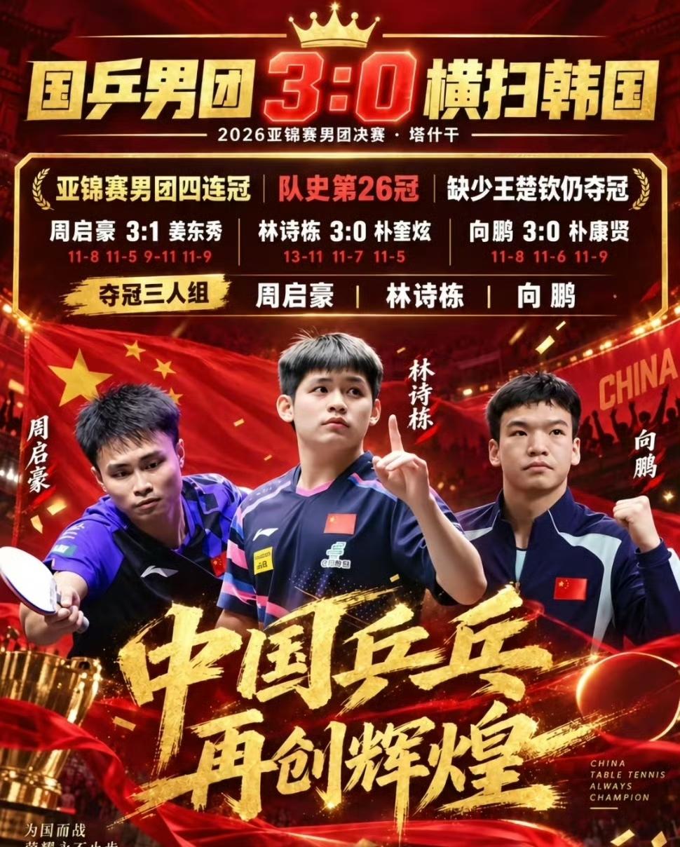 亚锦赛男团4连冠，缺少王楚钦仍夺冠！虽然不是三大赛，但还是很棒的！ ​​​