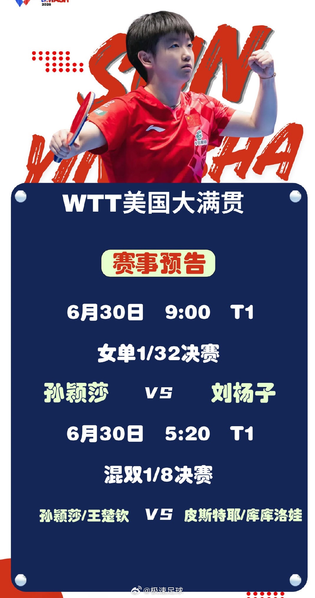 王楚钦孙颖莎混双对手产生【6月30日赛事预告】 ：项目：女单1/32决赛对阵：孙