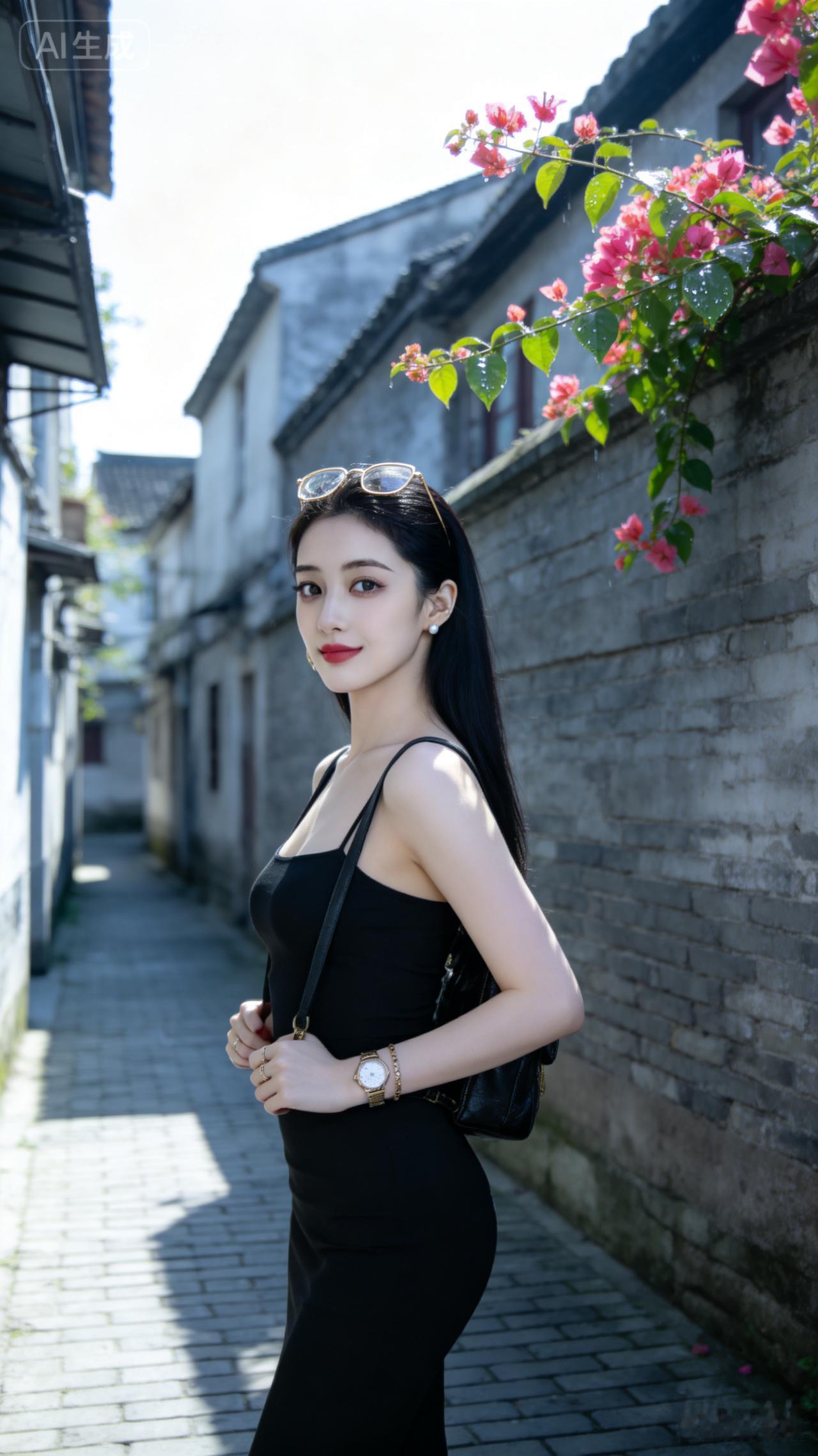 黑裙少女漫步在古巷，粉花点缀，阳光洒落，美不胜收！