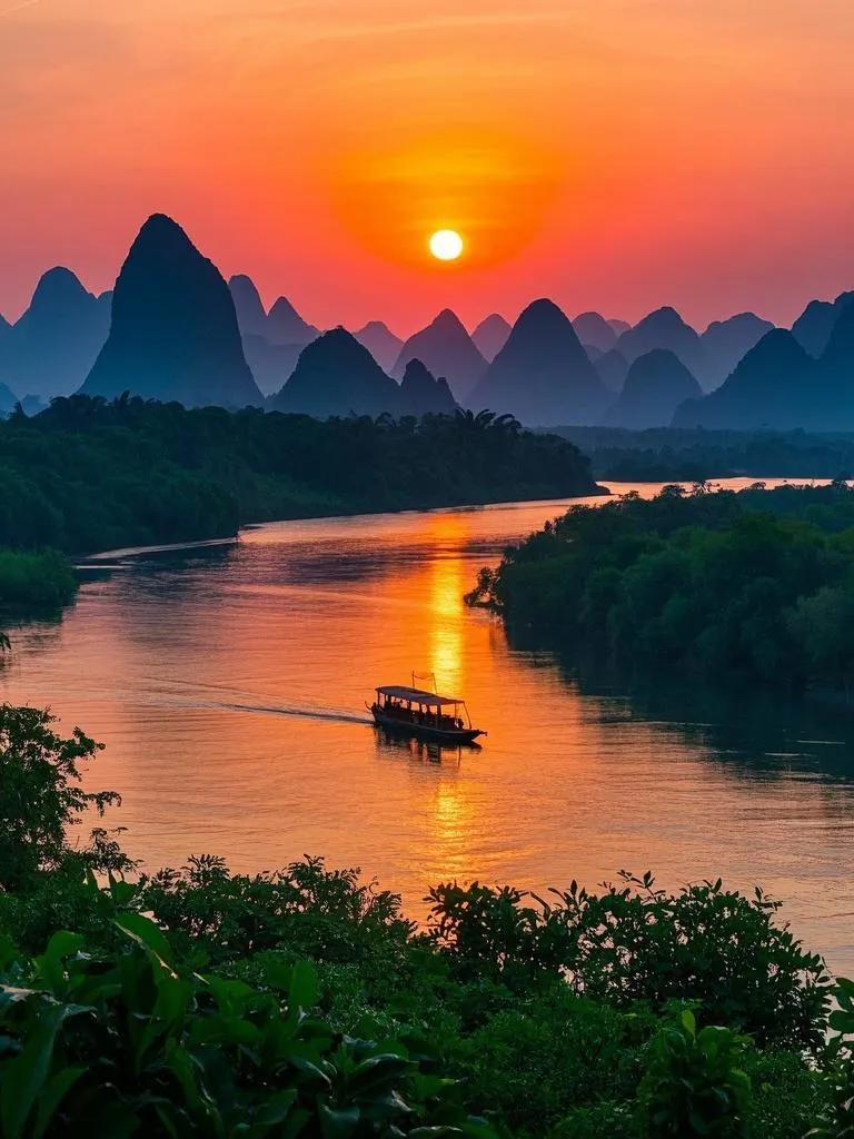 斜阳倾洒漓江畔，山映余晖水色丹。船影逐波诗意盛，绿植摇曳韵无边。漓江两岸美如画 