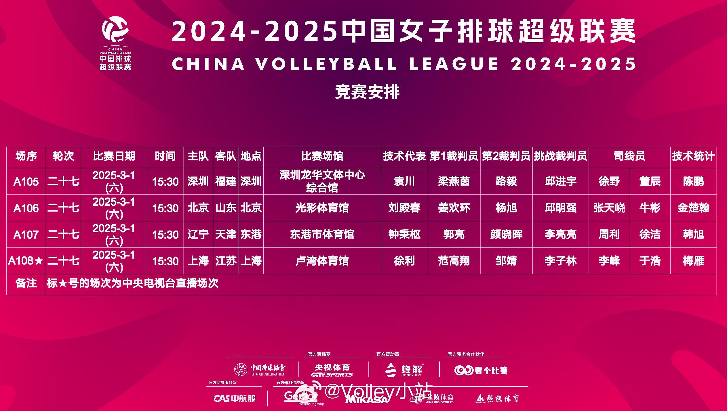 2024-2025中国女子排球超级联赛今日赛程安排 