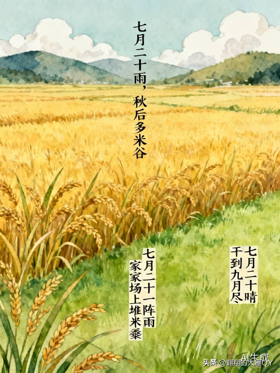 今天是七月二十民间俗语有
1. 七月二十雨，秋后多米谷
七月二十下雨，预示秋天雨