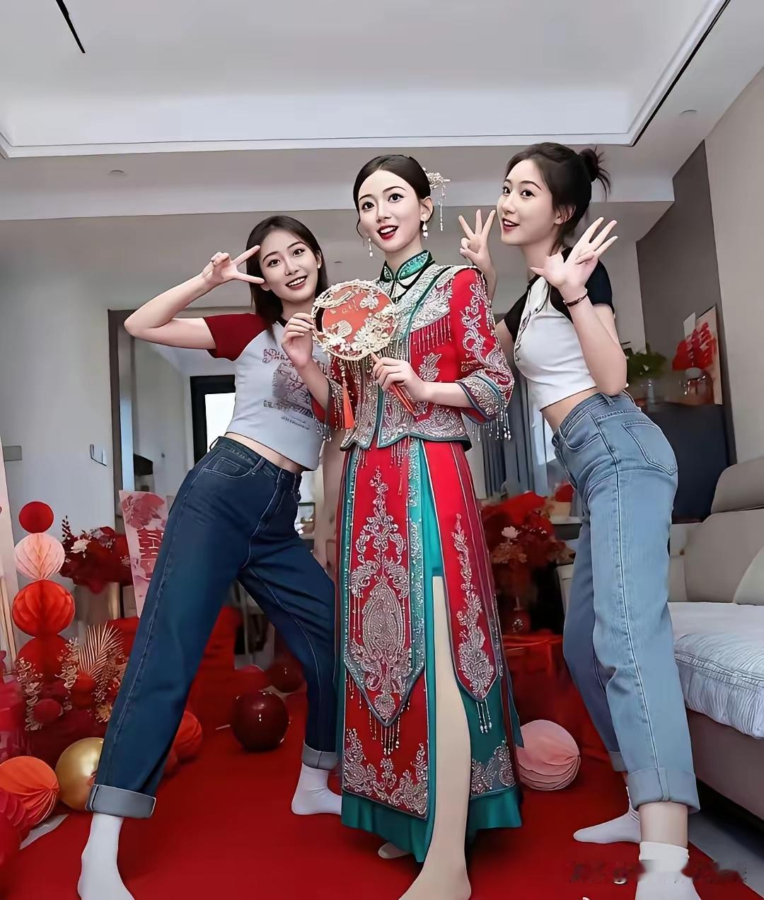 新娘颜值高，
伴娘更风骚。
情如亲姐妹，
留念拍下照。