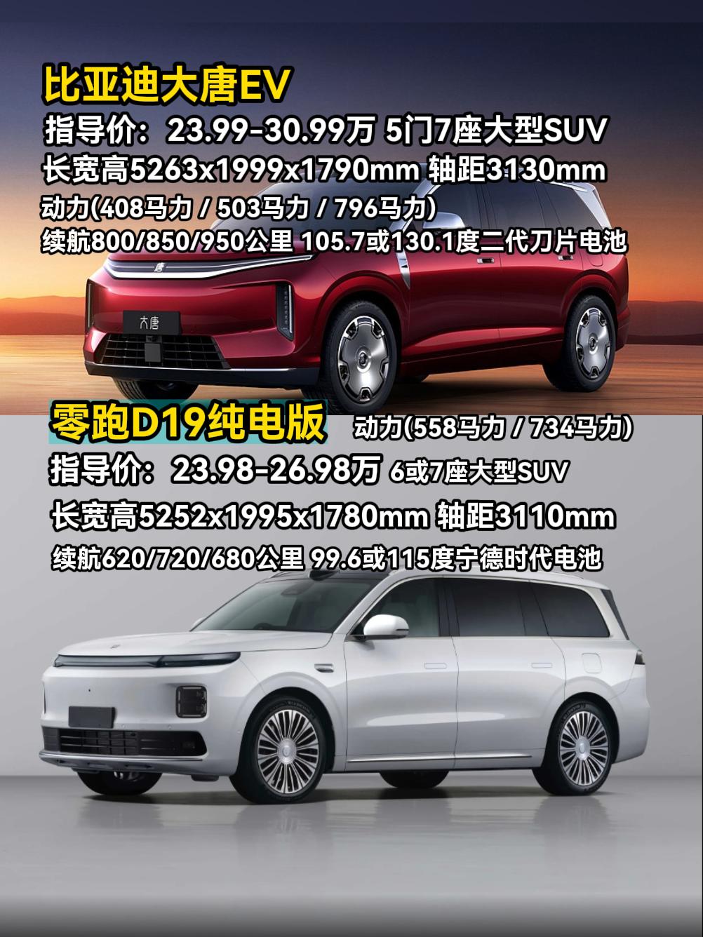 比亚迪大唐EV 入门版 vs 零跑 D19 纯电入门版，两款车价格几乎一样（20