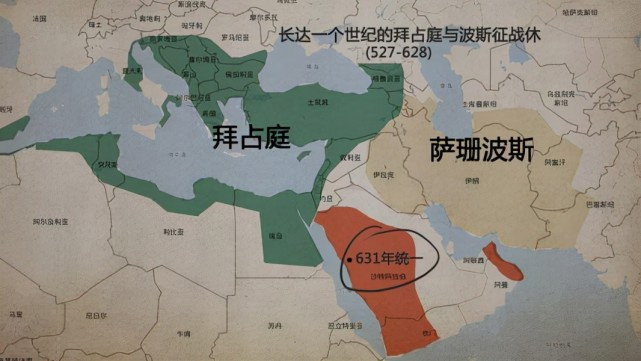波斯帝国-萨珊王朝和东罗马-拜占庭帝国交战百年，各自元气大伤。沙漠的蛮族阿拉伯人