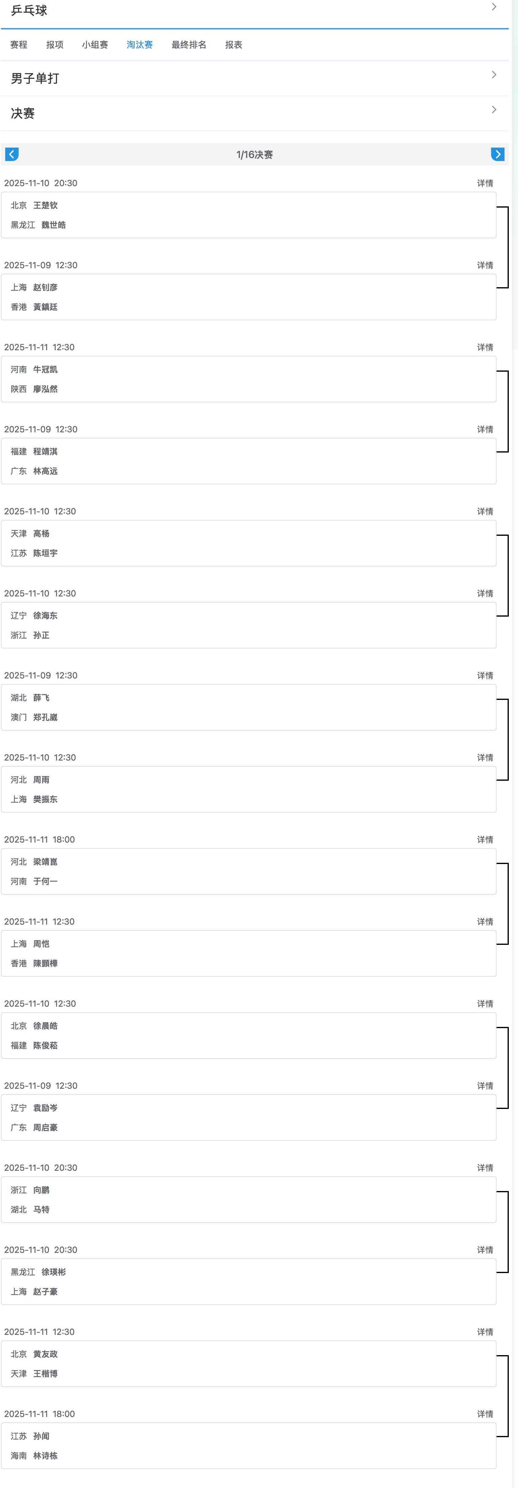 第十五届全运会 乒乓球项目男单1/16决赛对阵及赛程 ​​​