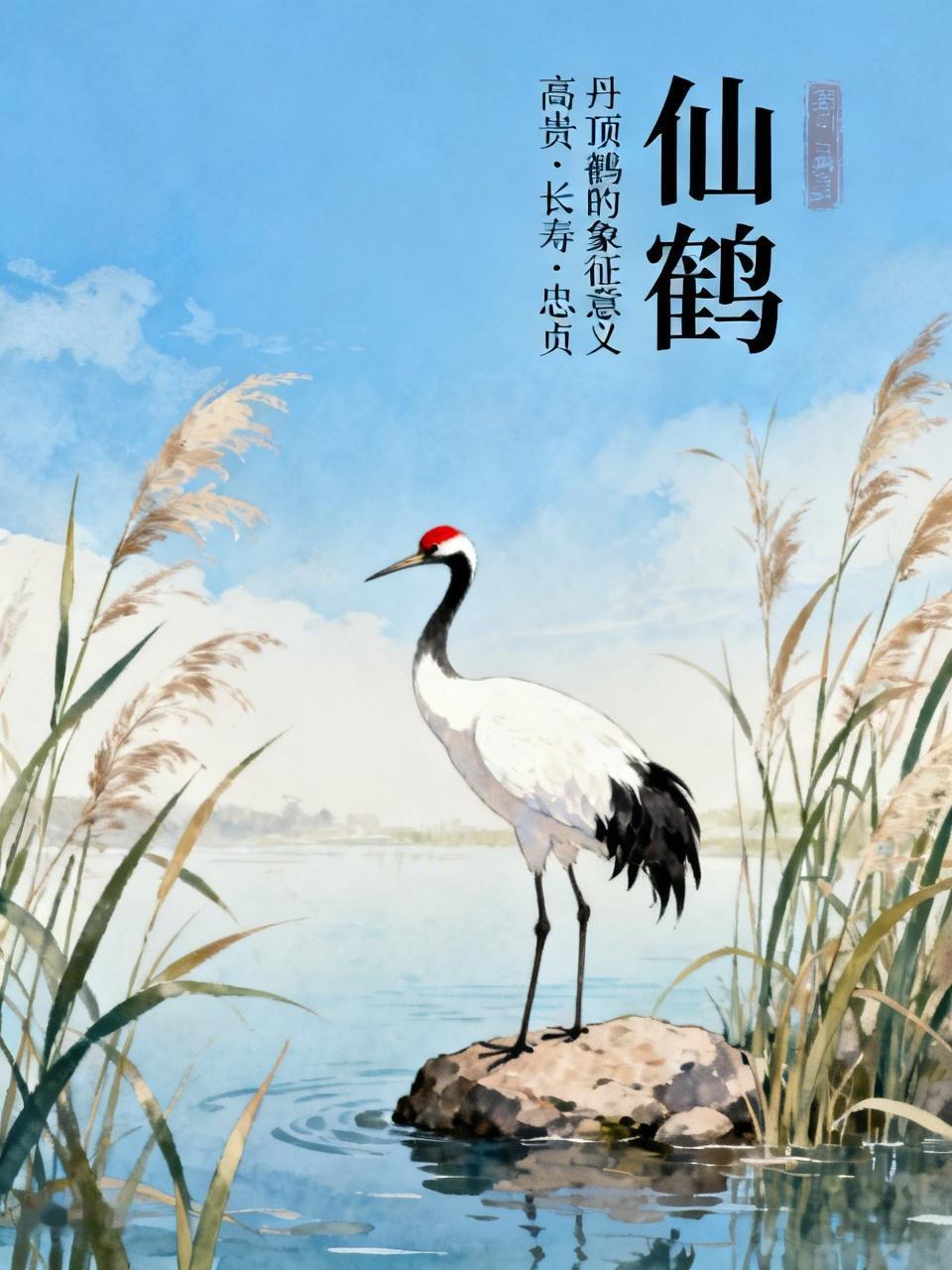 丹顶鹤在咱中国文化里象征意义可多啦！它被称为“仙鹤”，象征高贵与长寿，寿星的坐骑