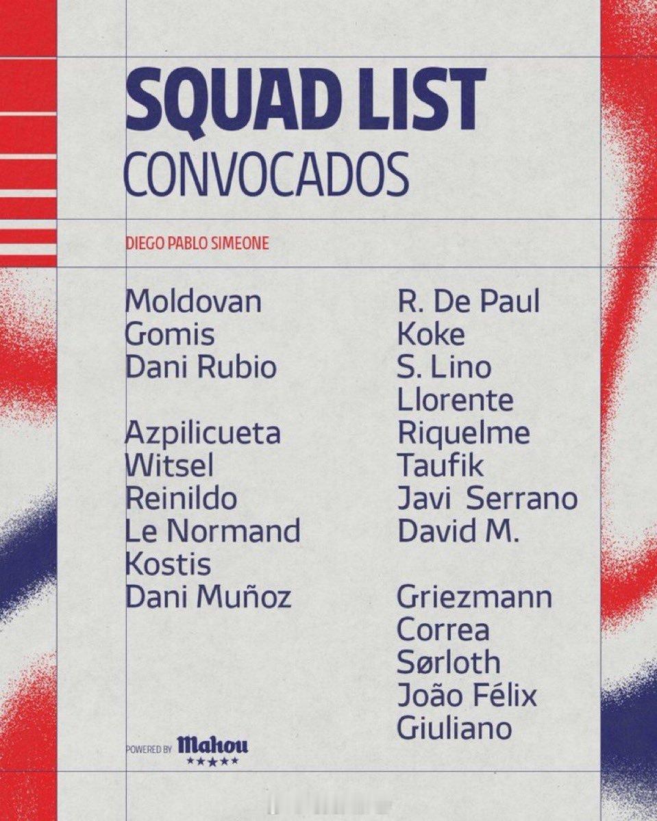 马竞对尤文的大名单 ​​​