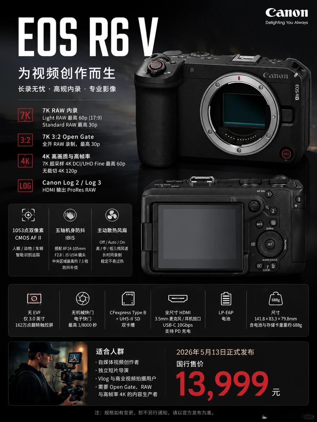 佳能发布新机R6V，专注视频拍摄，适合小成本工作室13999的价格买到这个配置，