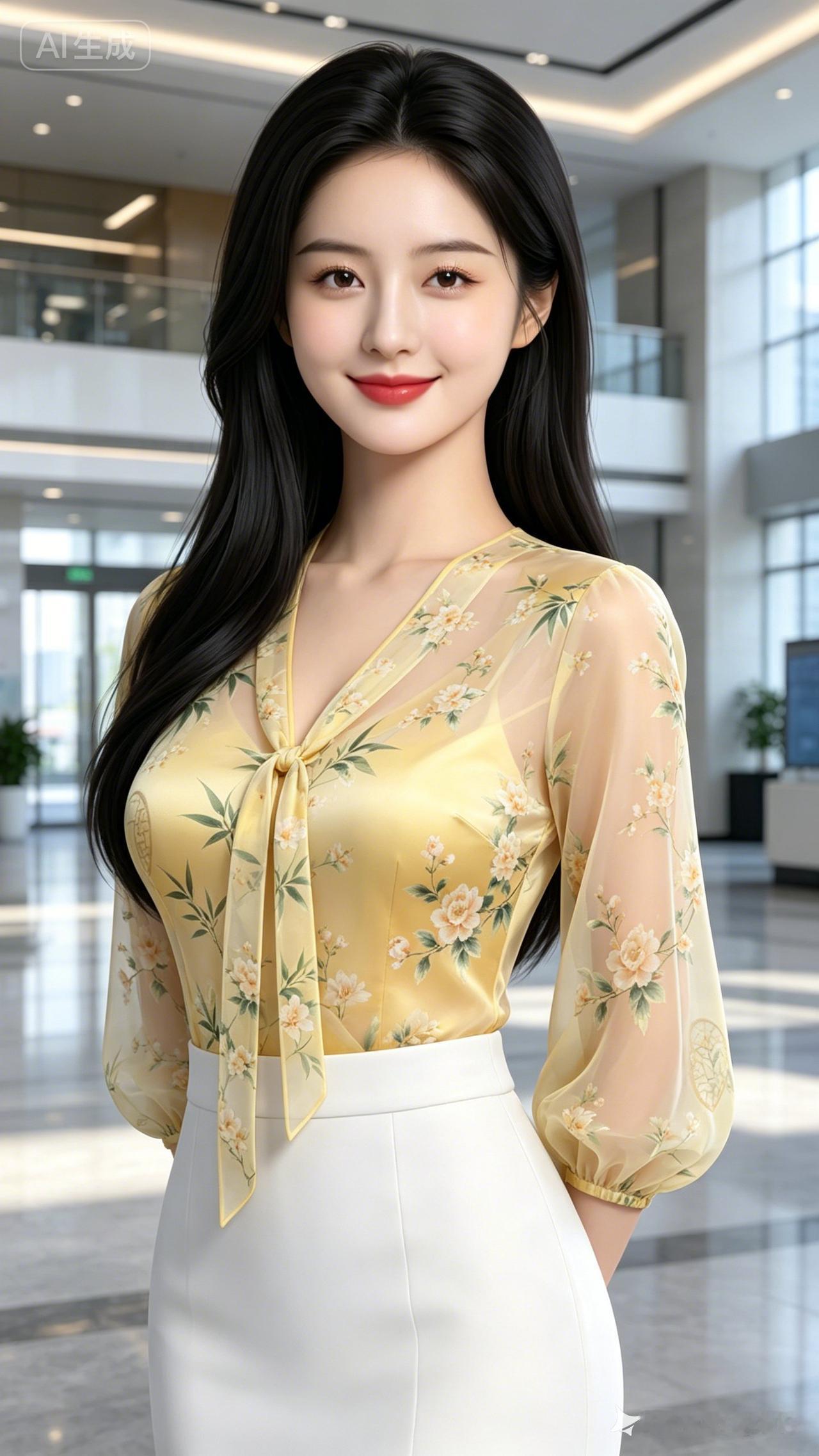 这位小姐姐穿着花衬衫和白色裙子。