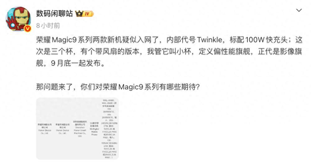 看数码博主的爆料，荣耀Magic9系列已经有机型入网，内部代号Twinkle，全