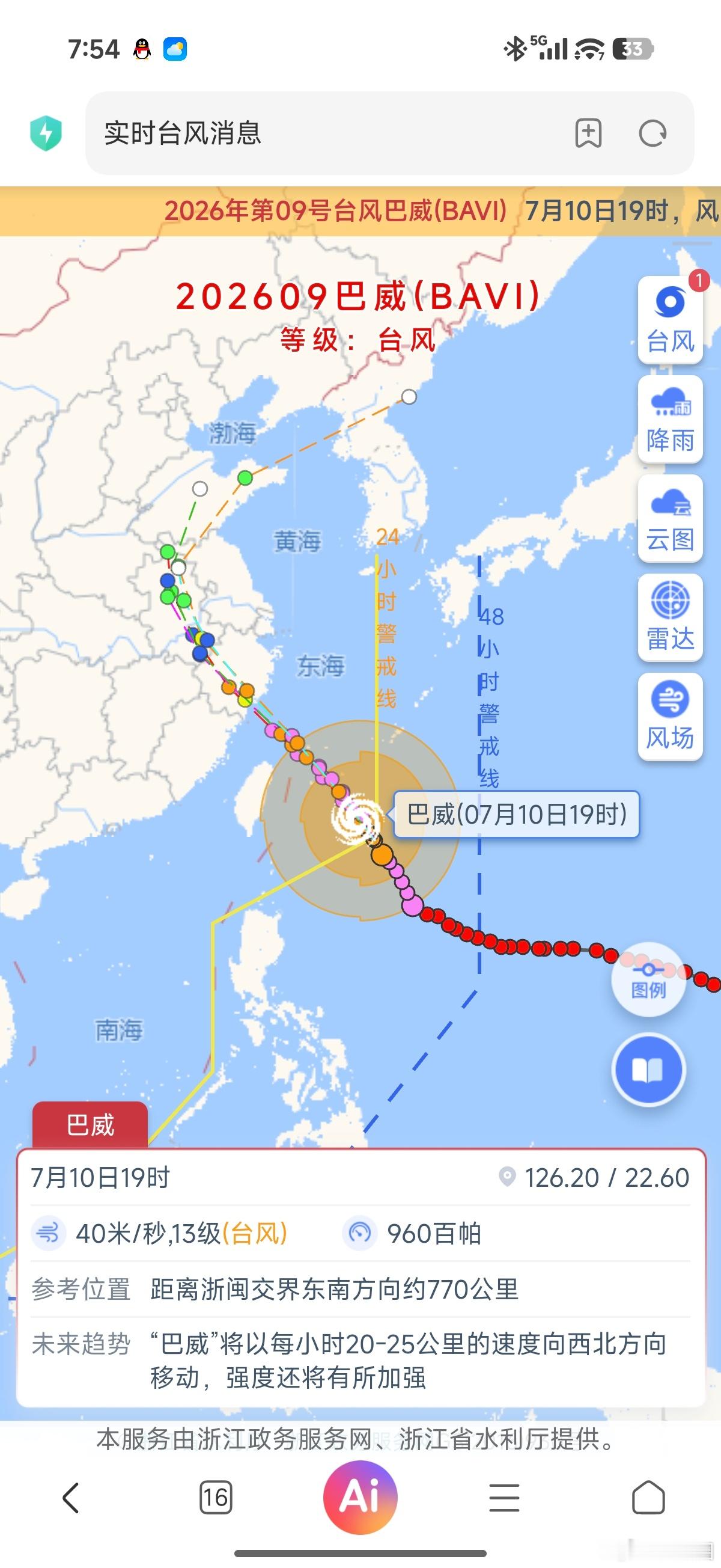 台风巴威位置现在已经是13级了，登陆点90%确认在浙江了，但明天就开始会有影响了