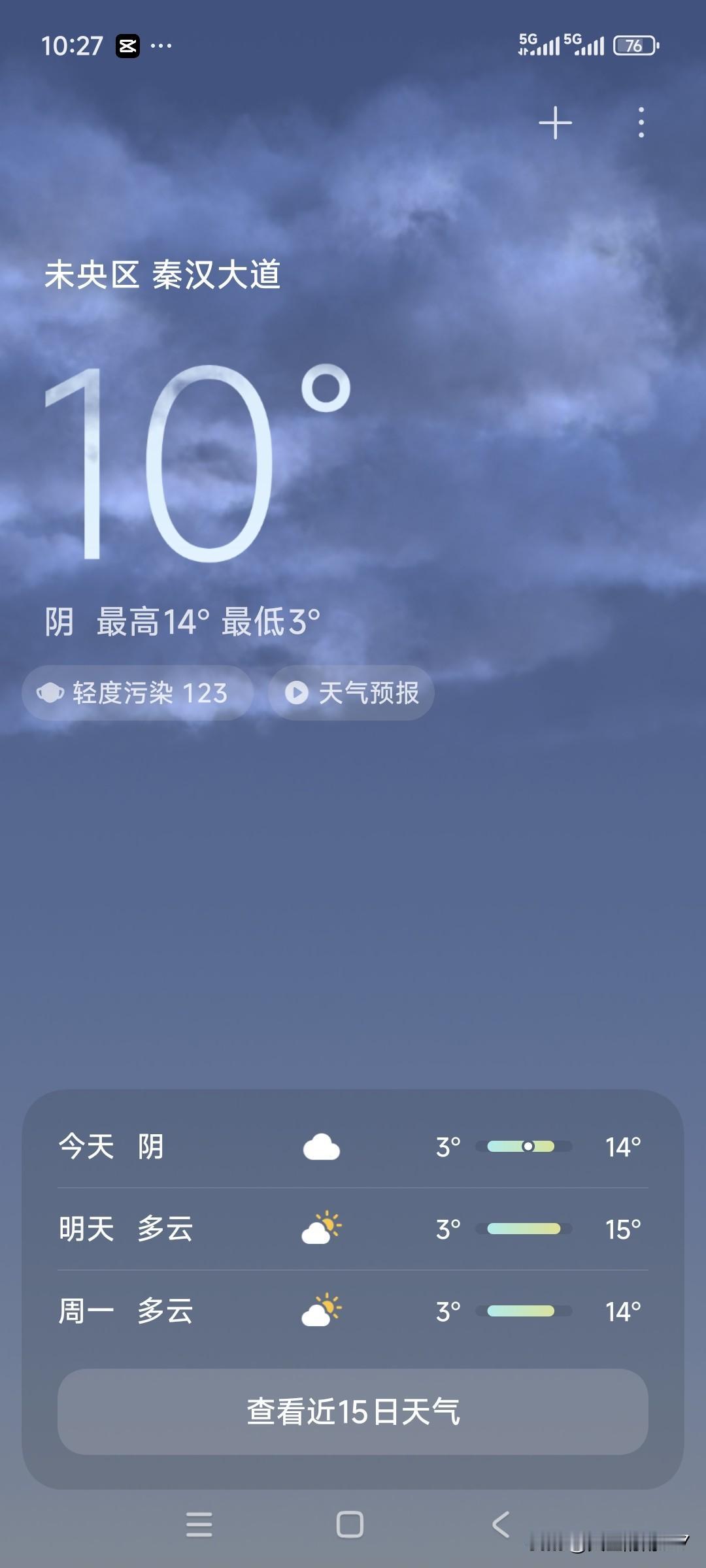 今天是星期六，天气不如前两天那般晴朗，阴沉沉的。下楼去散了散步，路上的行人明显少