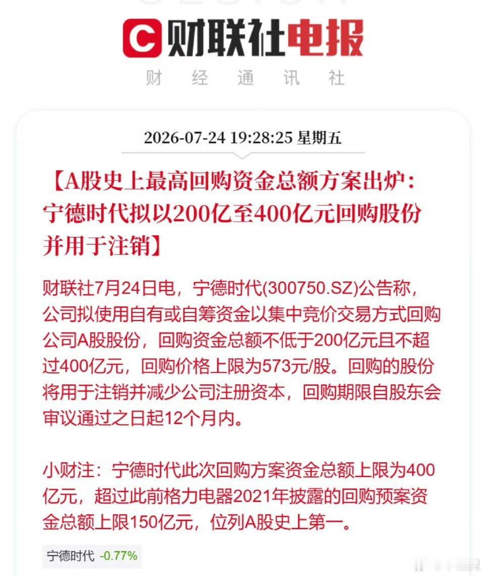 A股最大股票回购A股史上最大股票回购方案出炉：宁德时代拟以200亿至400亿元回
